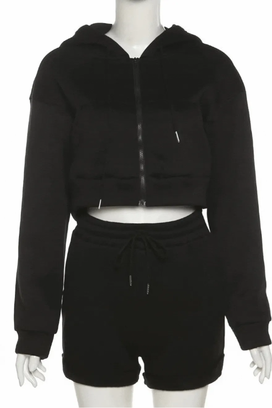 Black Cropped Zipper Up Hoodie And Lounge Shorts Set