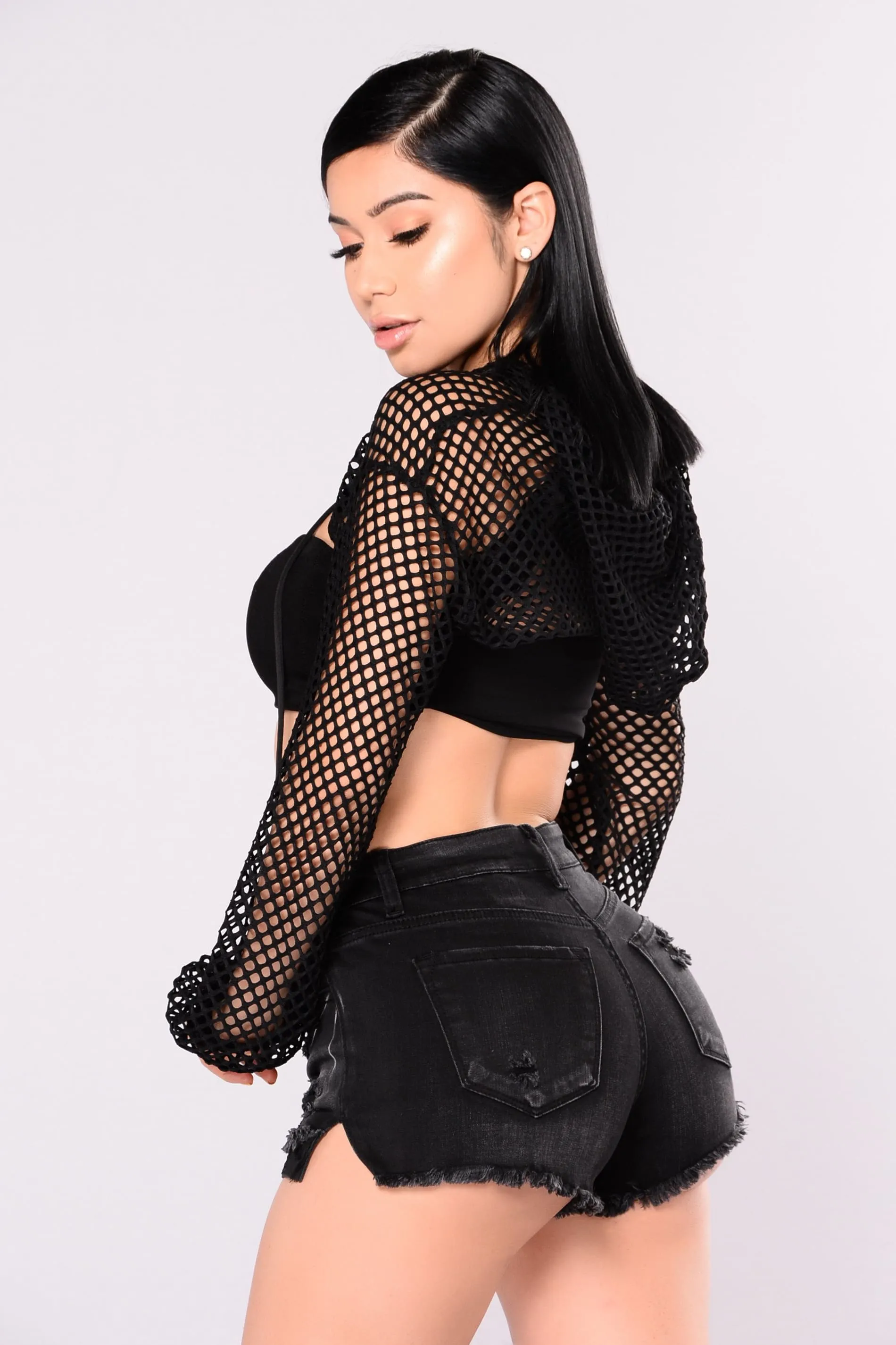 Black Fishnet Long Sleeve Shrug Crop Top