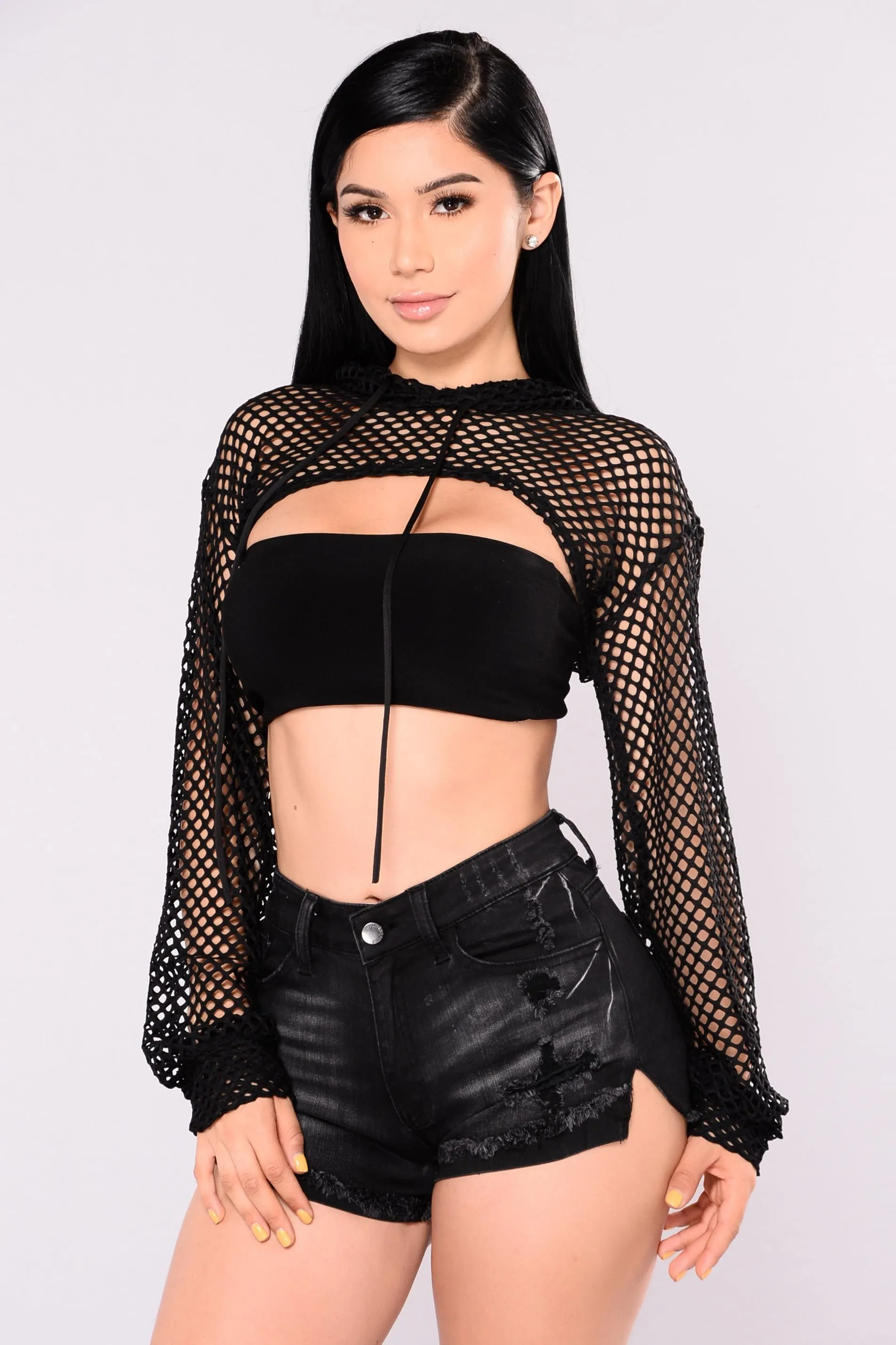 Black Fishnet Long Sleeve Shrug Crop Top