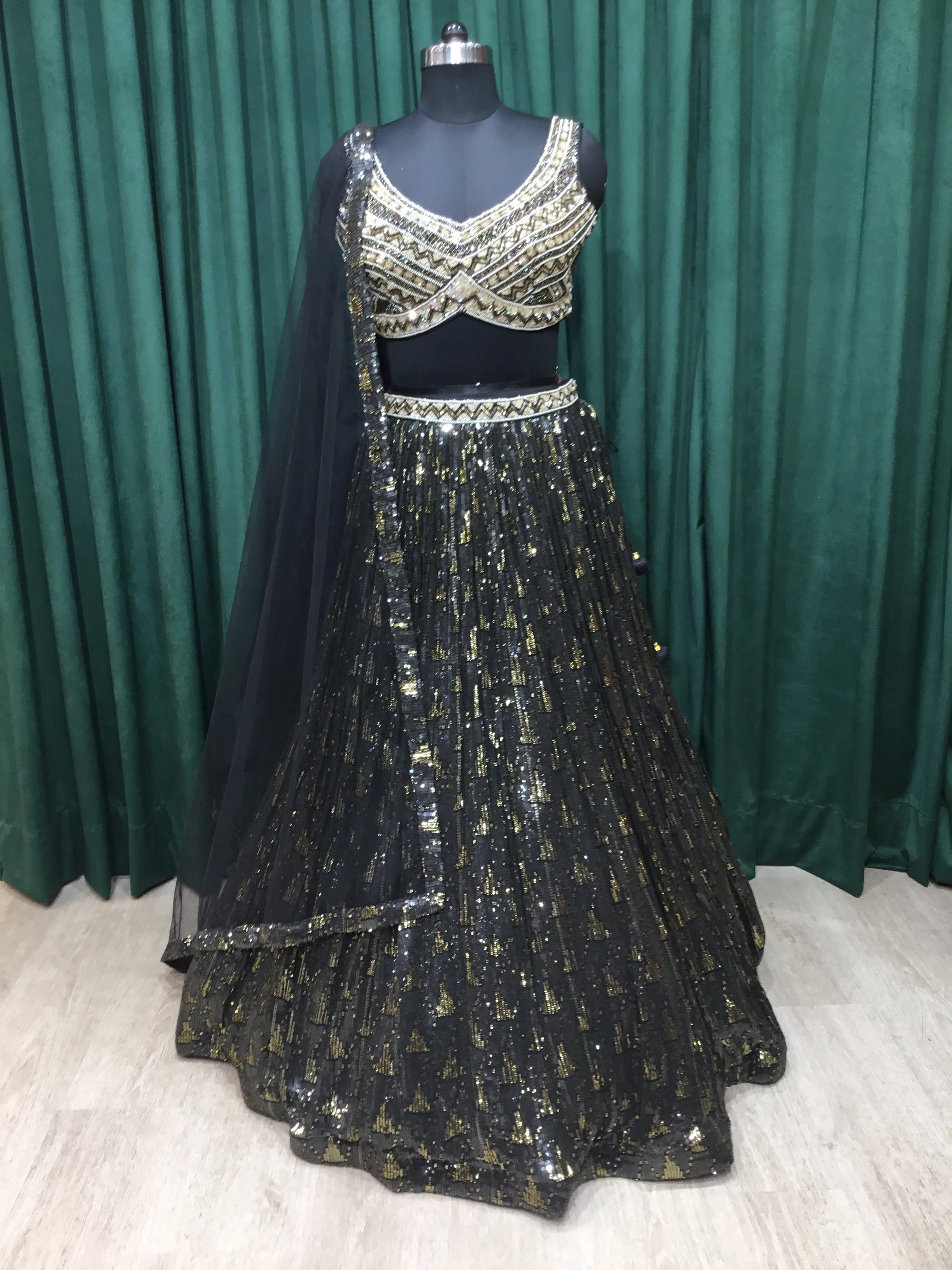 Black Georgette Lehenga With Pearl and Japanese Cut Dana Work