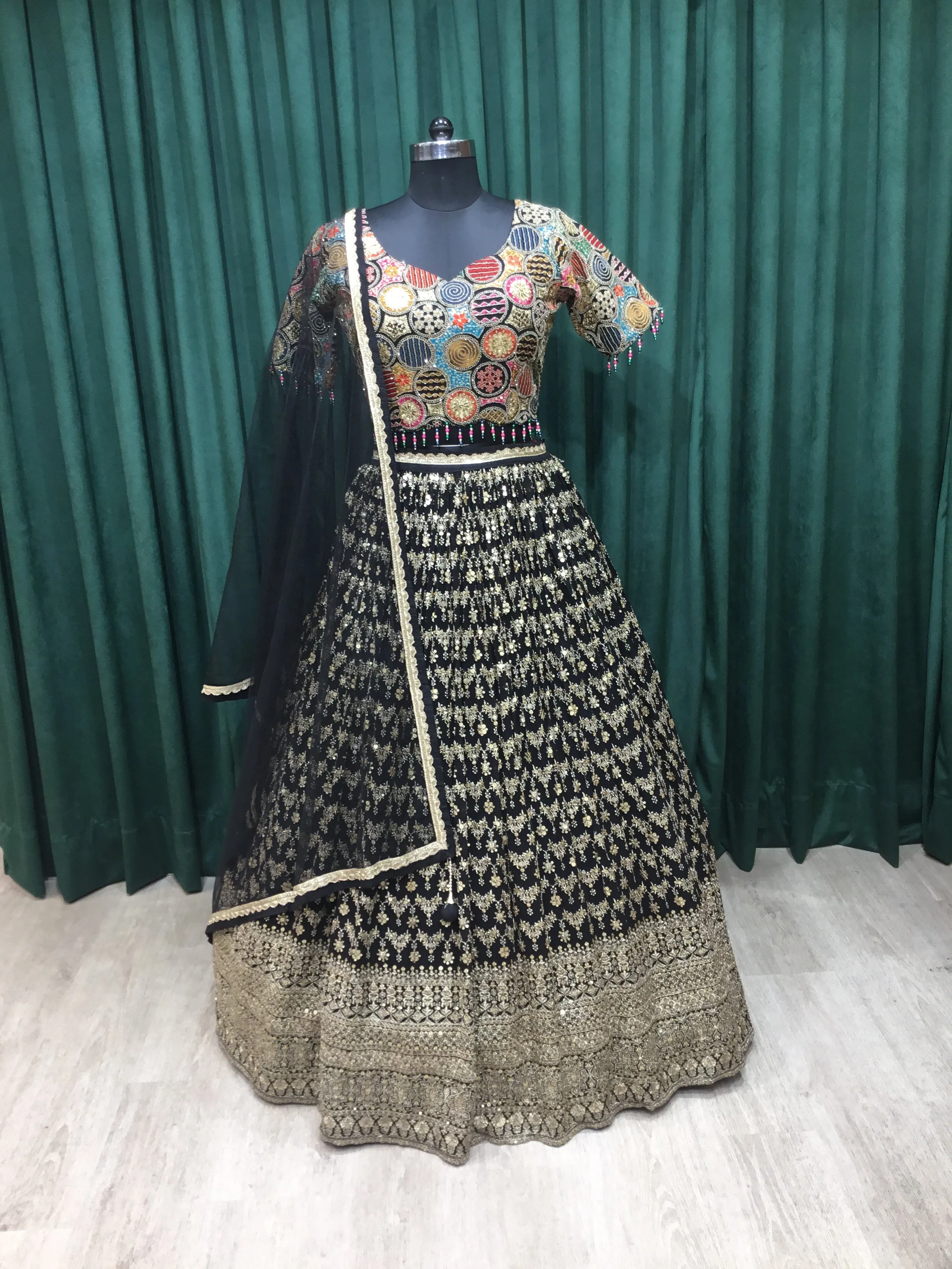 Black Georgette Lehenga With Sequins and Multi Resham Work