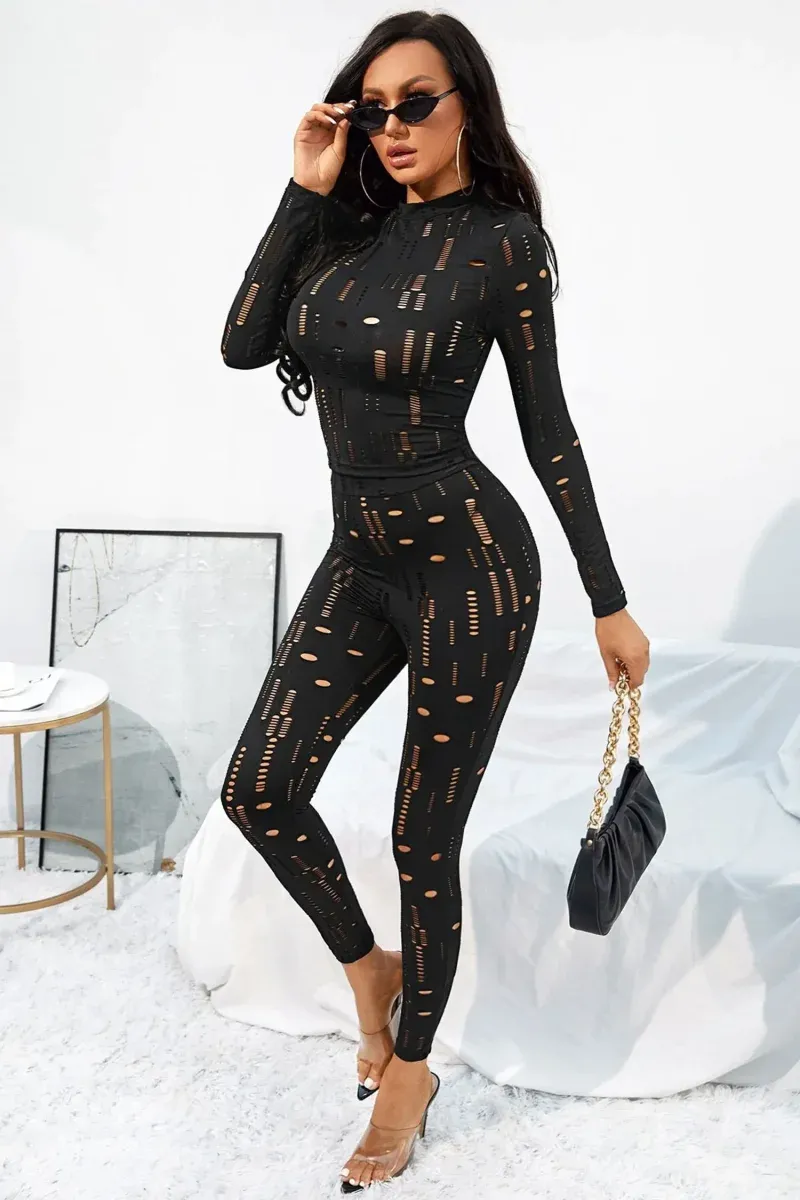 Black Long Sleeve Cut Out Top & Ripped Leggings Set