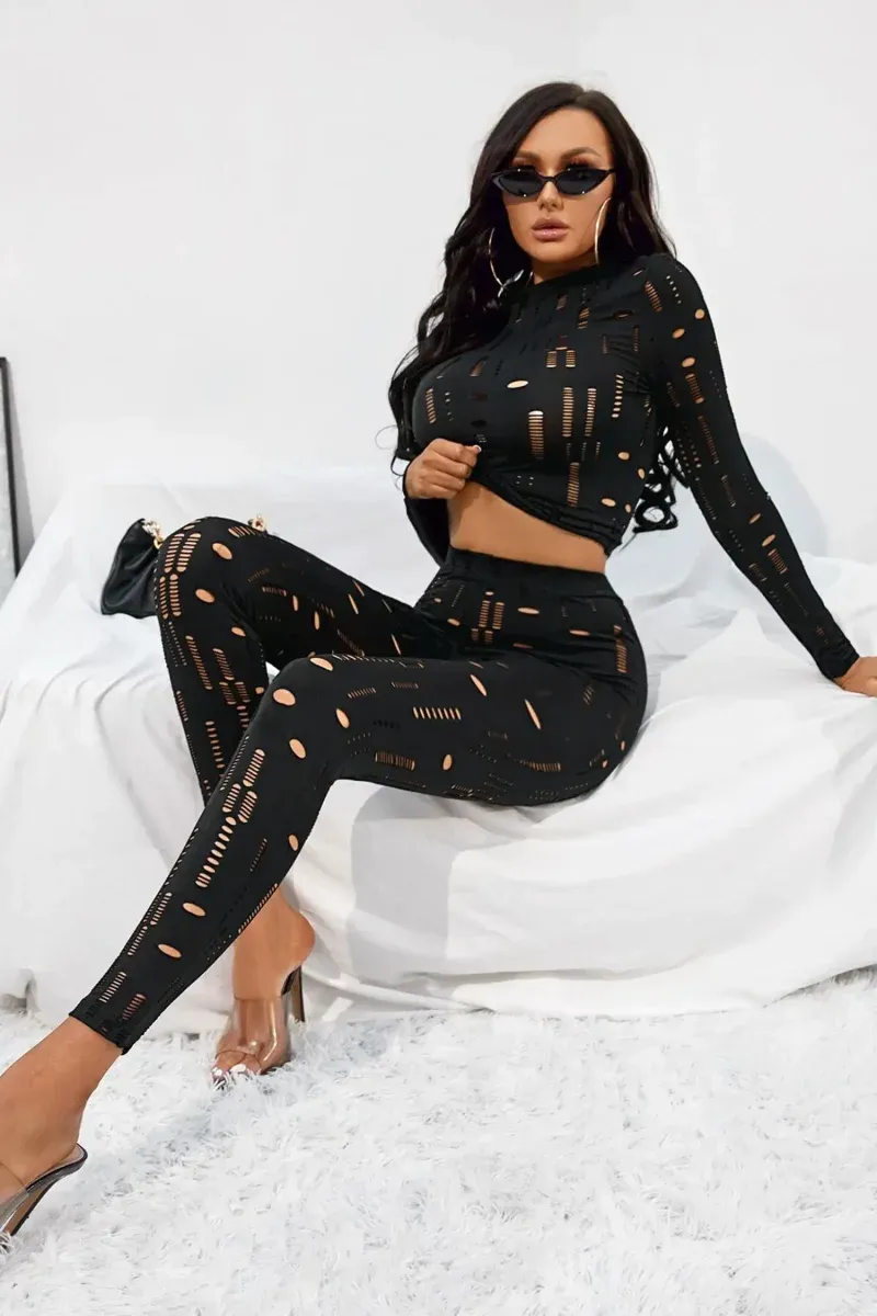 Black Long Sleeve Cut Out Top & Ripped Leggings Set