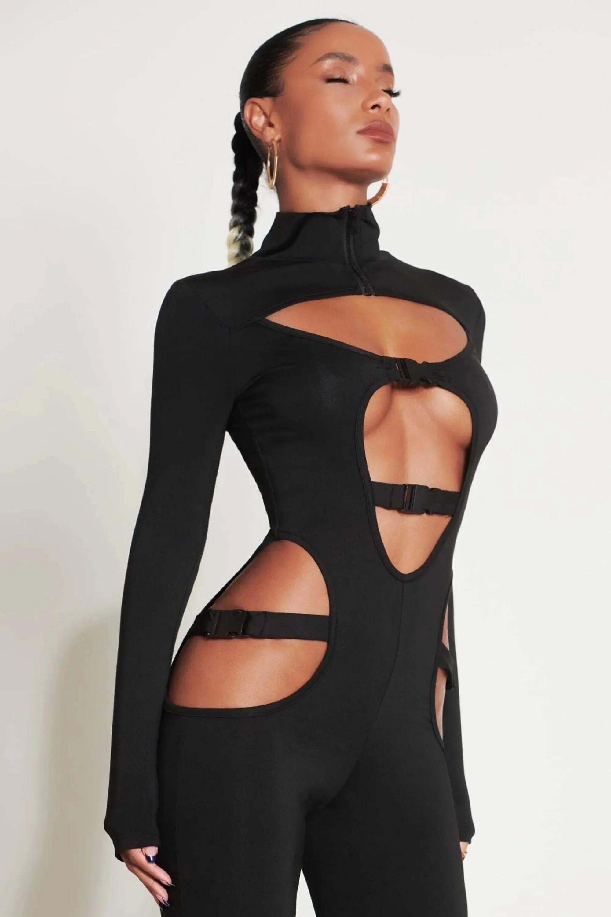 Black Long Sleeve Cutout Turtleneck Buckle Jumpsuit