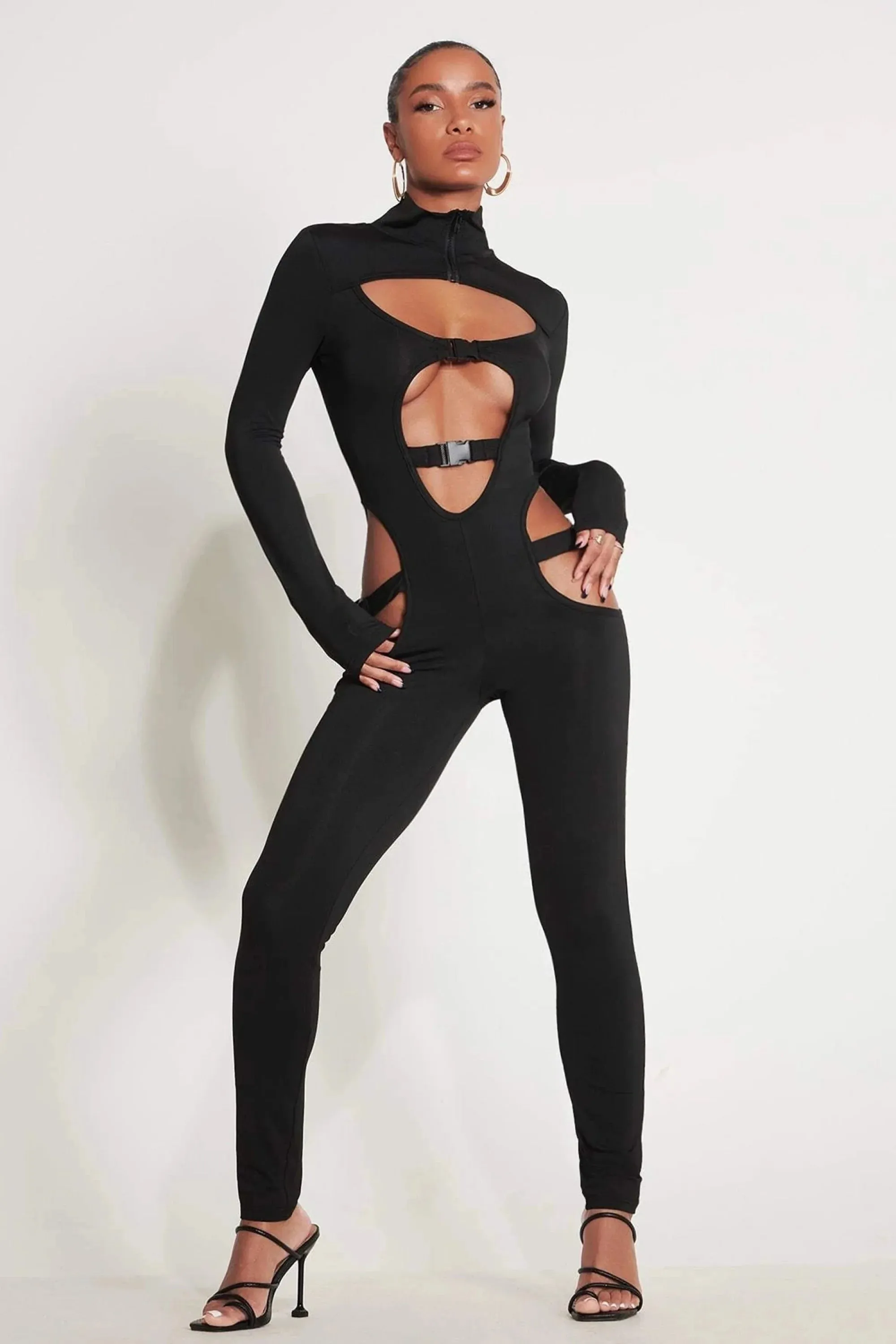 Black Long Sleeve Cutout Turtleneck Buckle Jumpsuit