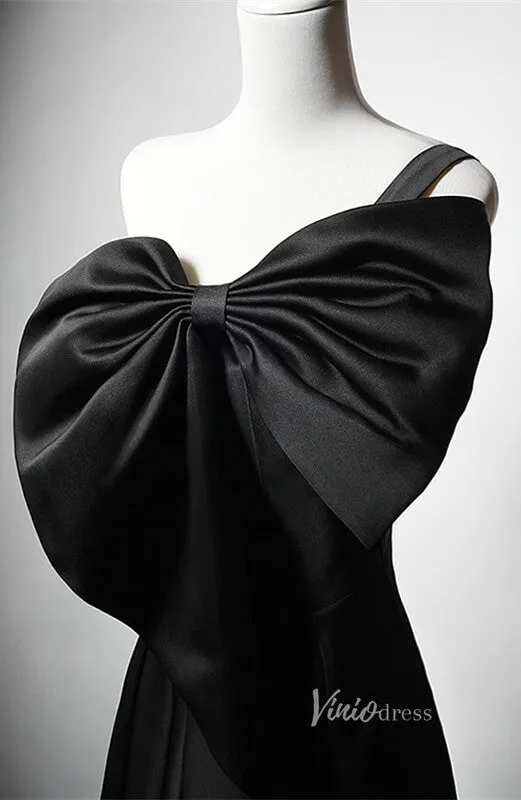 Black Satin Bow Tie Cheap Prom Dresses Strapless Formal Dress AD1218