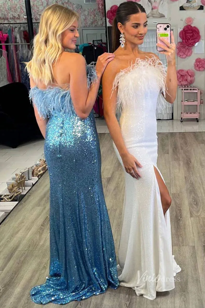 Black Sequin Prom Dresses with Slit Feather Evening Gown FD2741