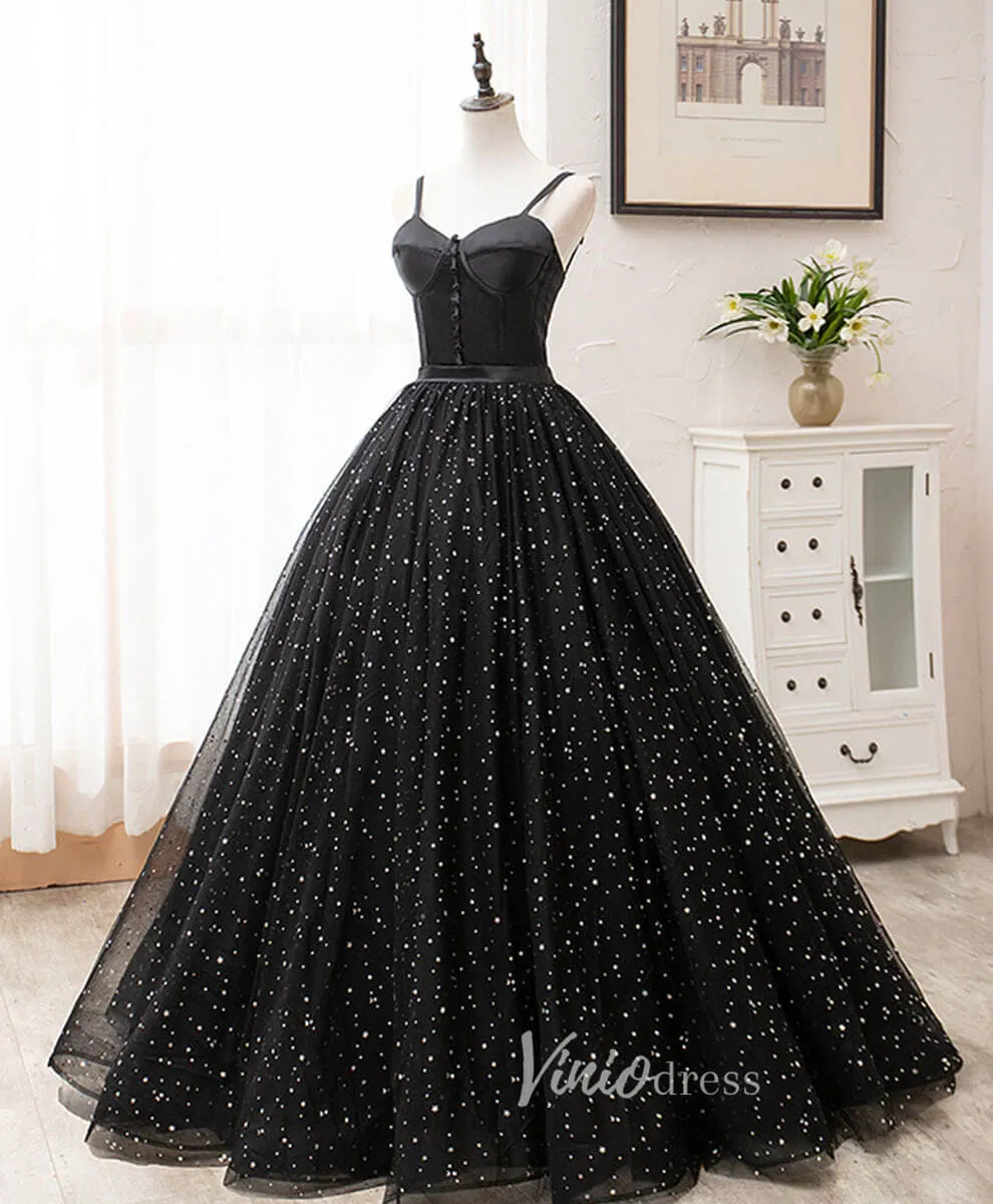 Black Spaghetti Strap Prom Dresses Starry Tulle Evening Dress FD3166