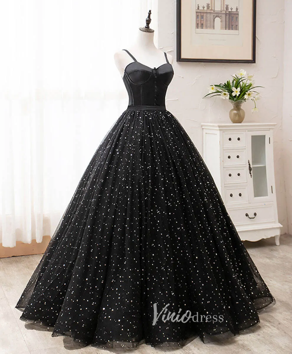 Black Spaghetti Strap Prom Dresses Starry Tulle Evening Dress FD3166