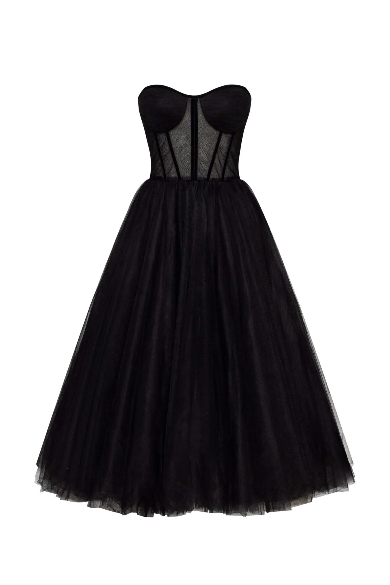 Black Strapless Puffy Midi Tulle Dress