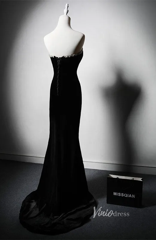 Black Velvet Mermaid Prom Dresses Strapless Formal Dress AD1225