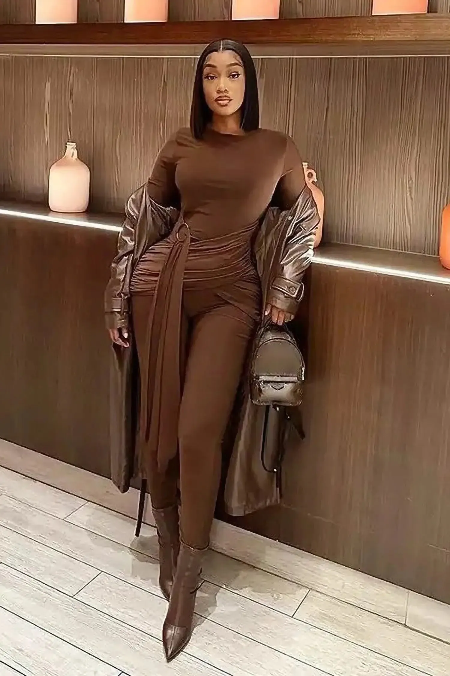 Brown Long Sleeve Wrap Jumpsuit