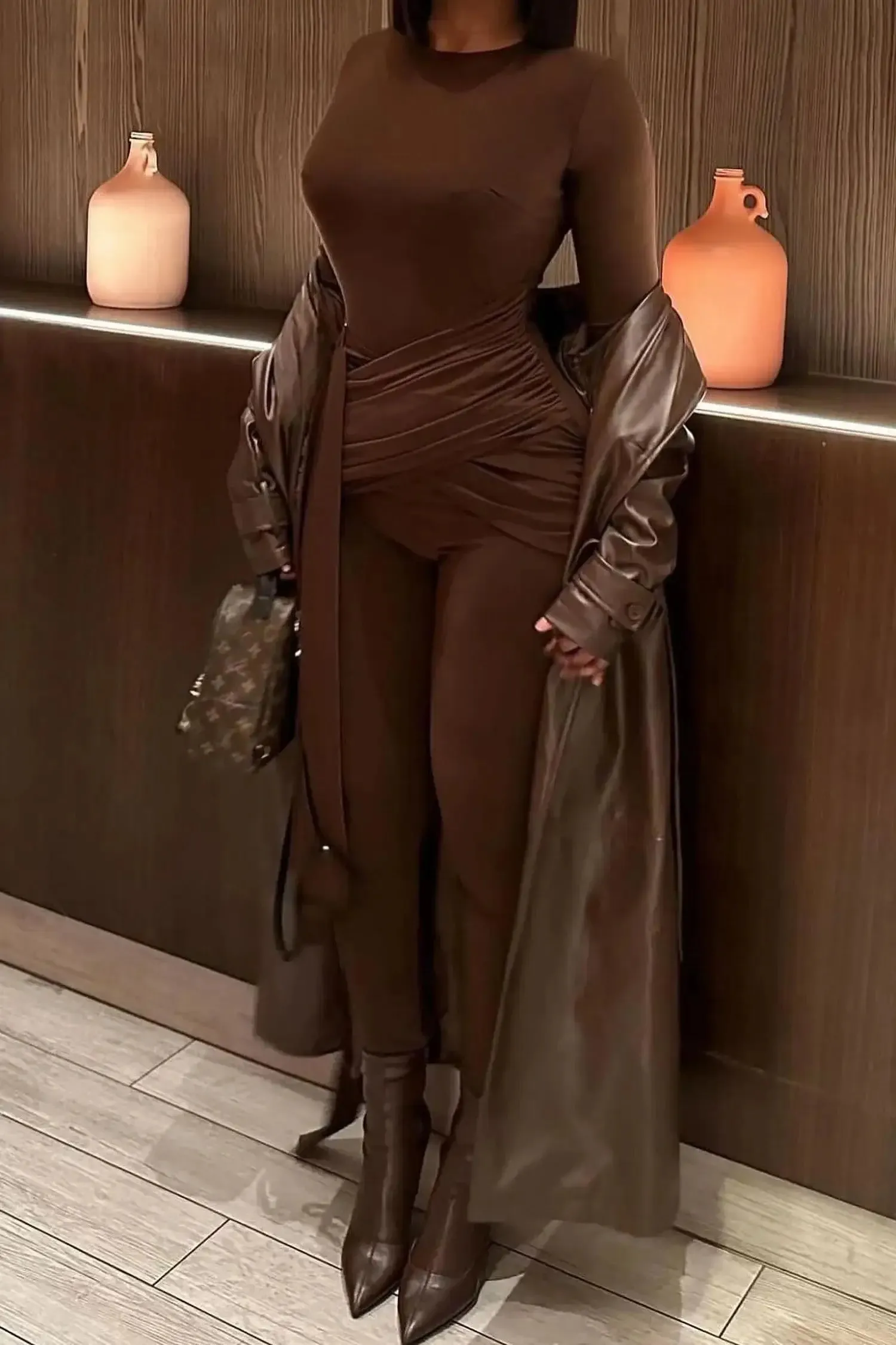 Brown Long Sleeve Wrap Jumpsuit