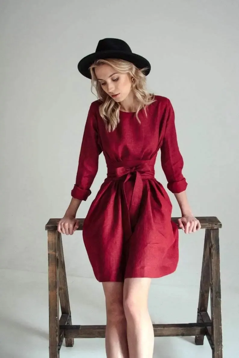 Burgundy Belted Linen Dress - Long sleeve / Mini