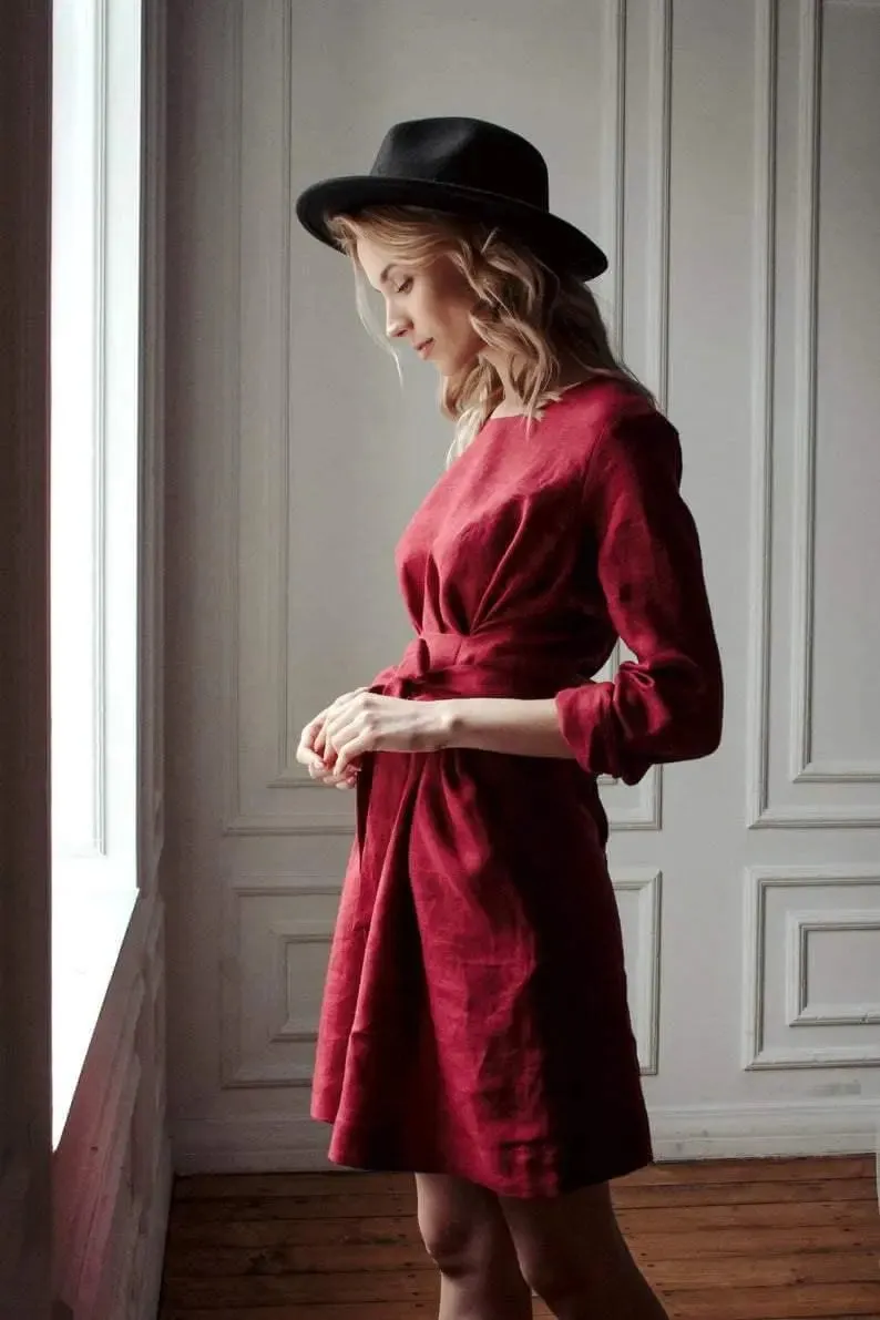 Burgundy Belted Linen Dress - Long sleeve / Mini