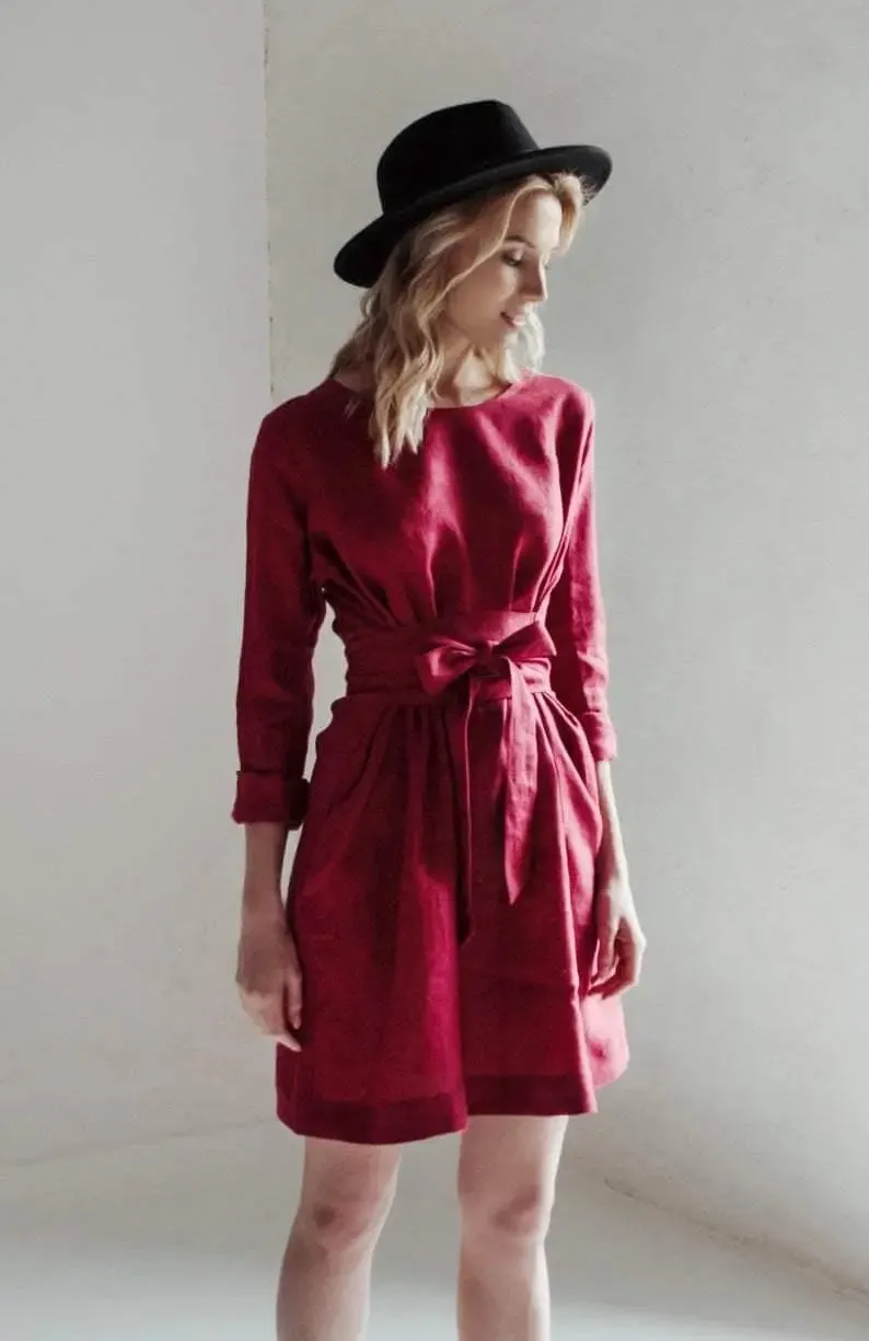 Burgundy Belted Linen Dress - Long sleeve / Mini