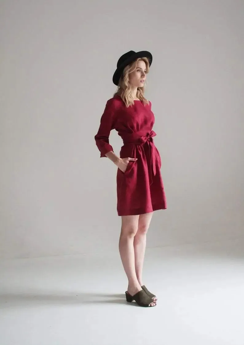 Burgundy Belted Linen Dress - Long sleeve / Mini