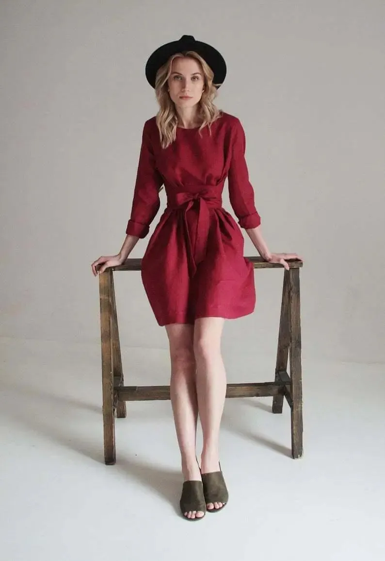 Burgundy Belted Linen Dress - Long sleeve / Mini