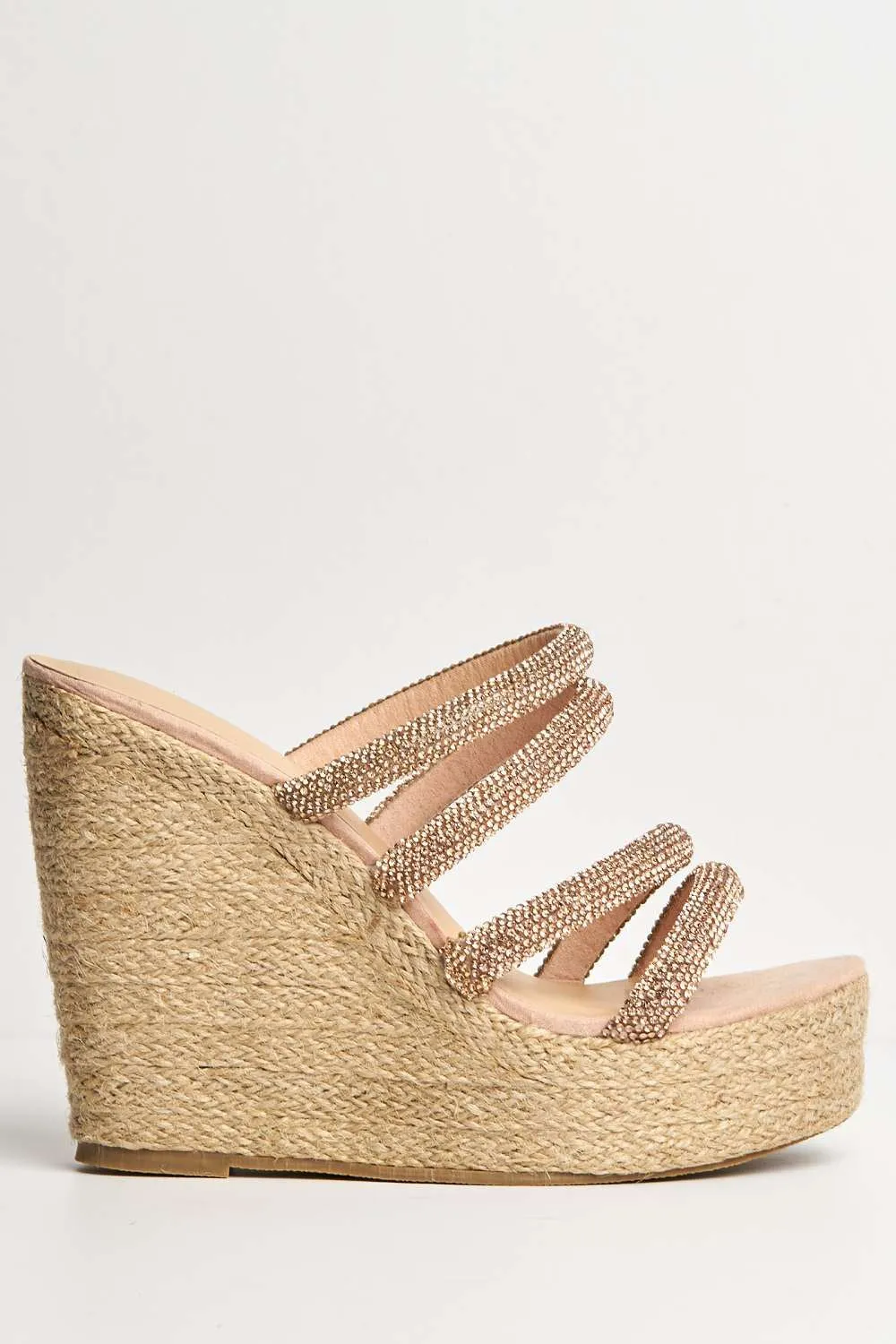 Cali Diamante Straps Espadrille Wedge Sandals in Rose Gold