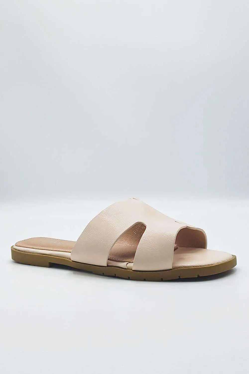 California Faux Leather Open Toe Flat Slider in Nude