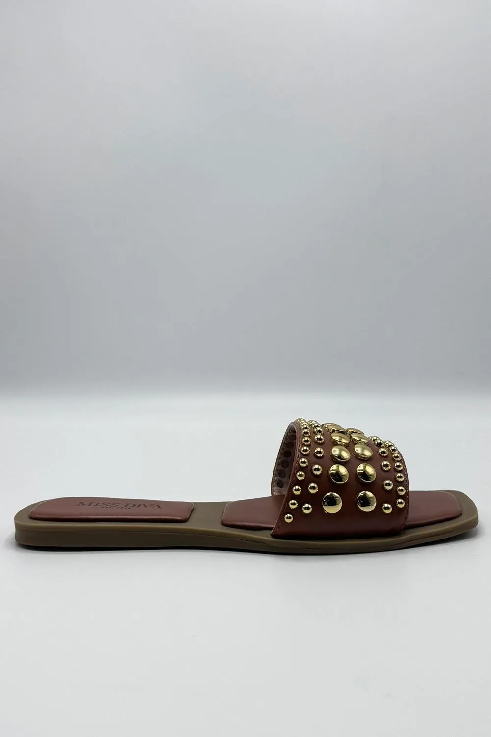 Calista Stud Embedded Strap Sliders in Tan