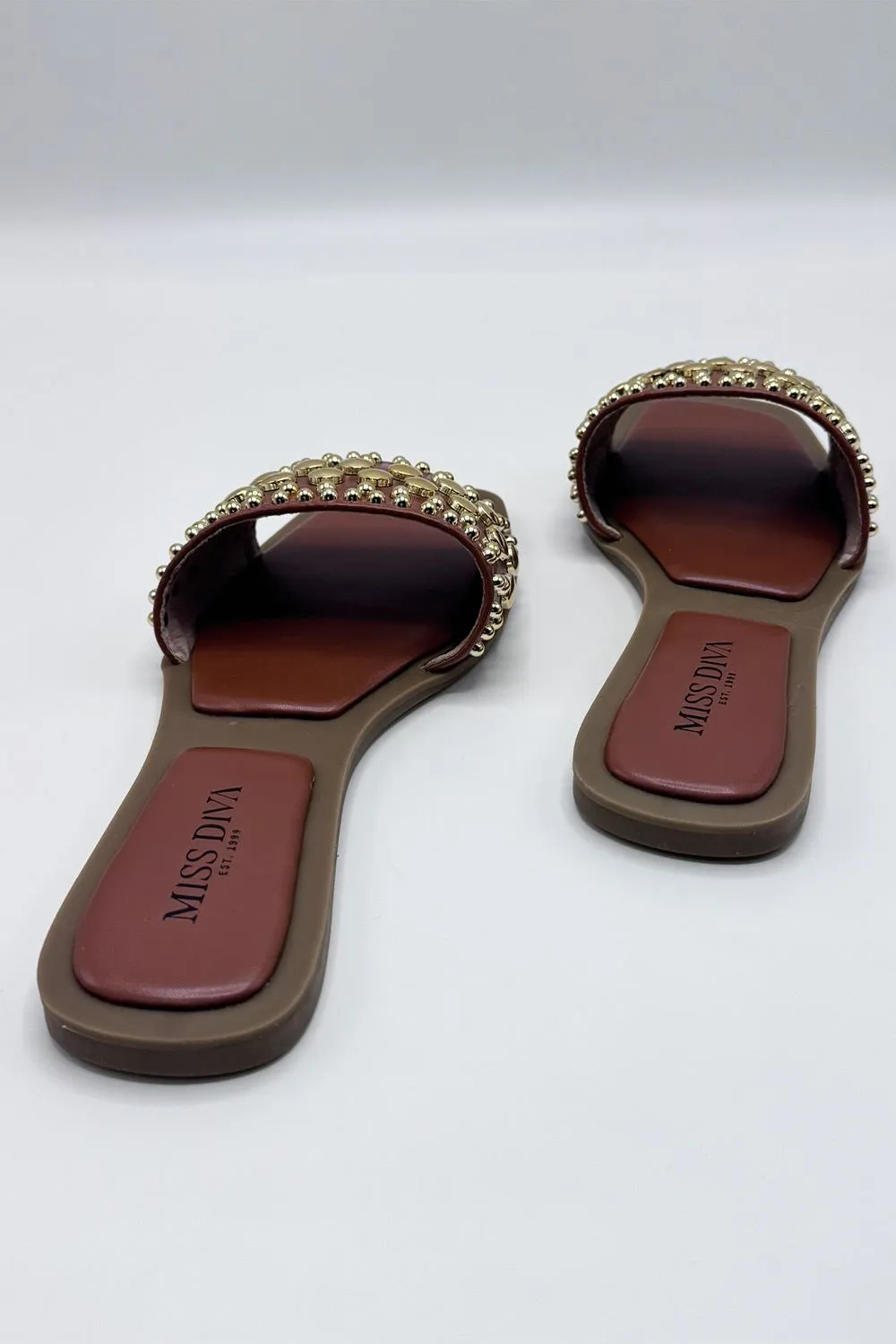 Calista Stud Embedded Strap Sliders in Tan