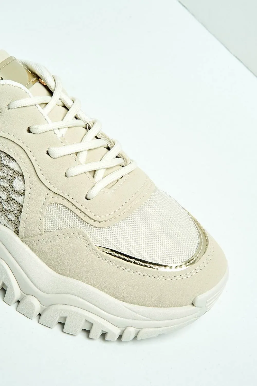 Castelo Knit & Text Detail Chunky Trainer in Beige