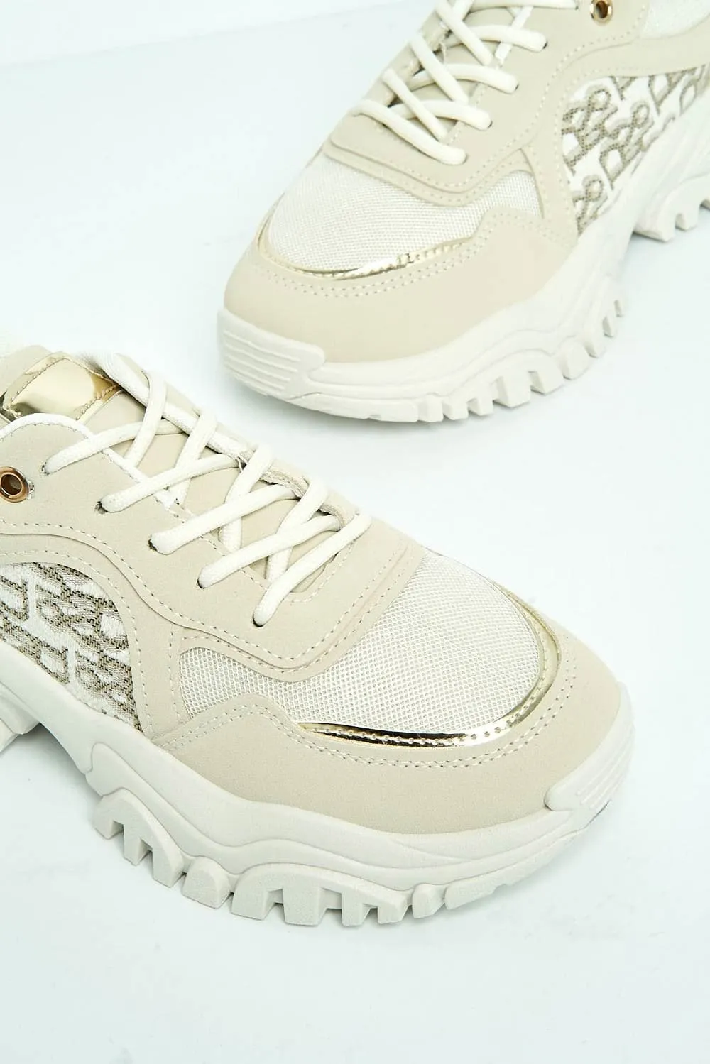 Castelo Knit & Text Detail Chunky Trainer in Beige