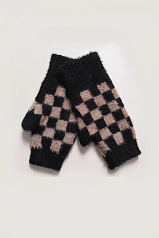 Check Pattern Knitted Fingerless Gloves