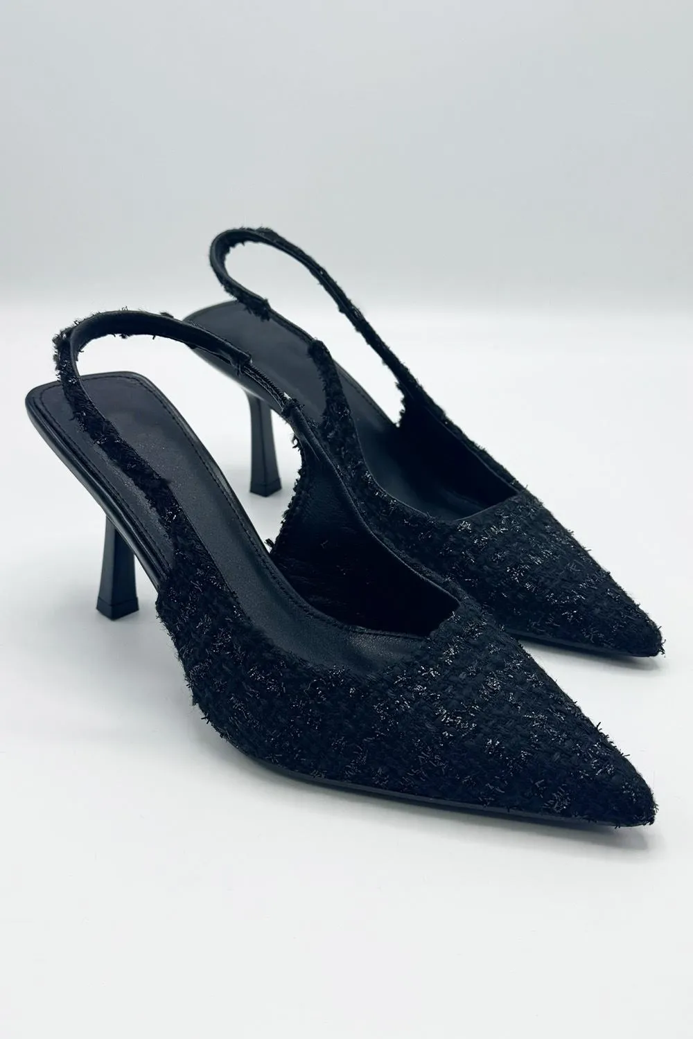 Cher Pointed Toe Tweed Sling back Court Shoe in Black