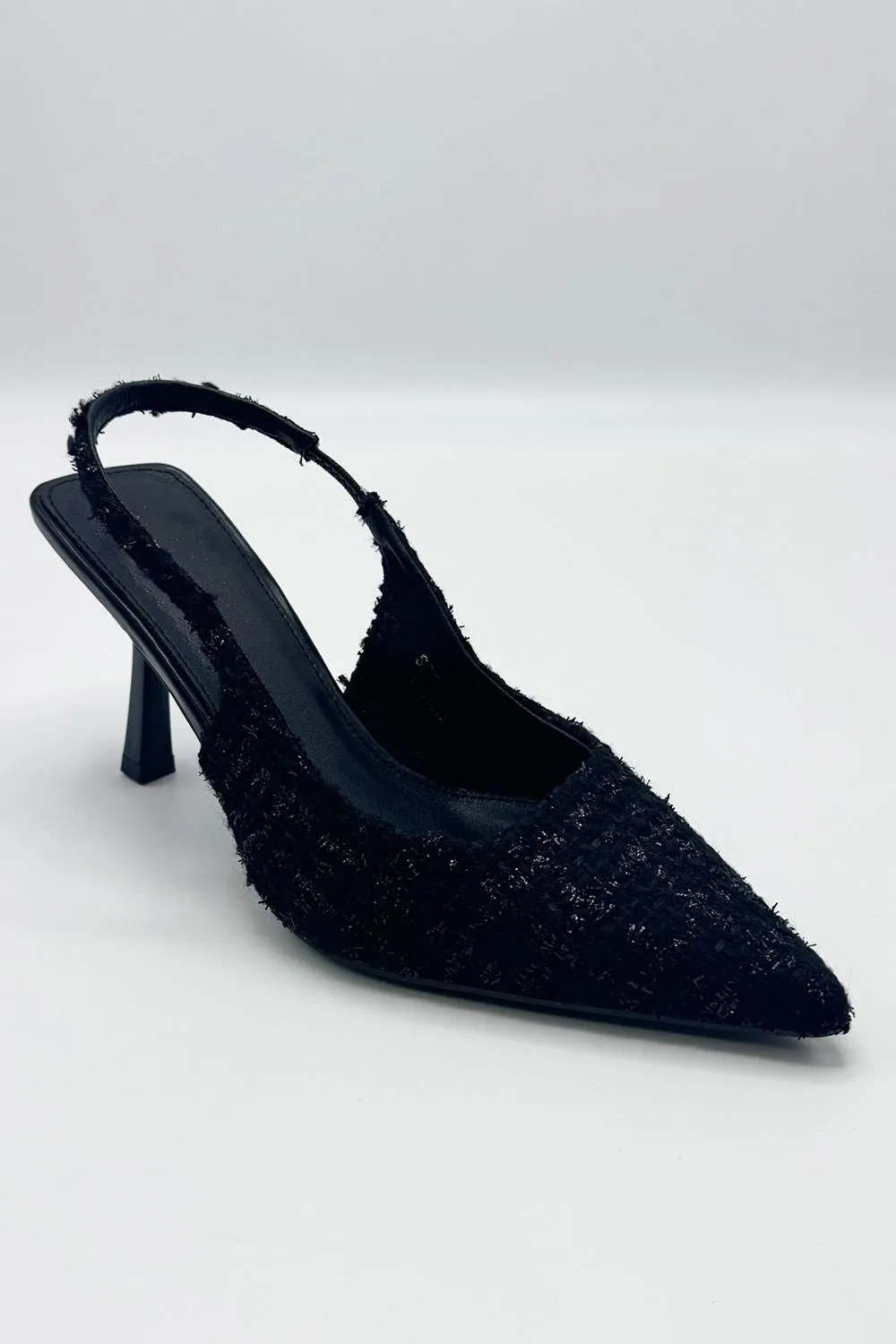 Cher Pointed Toe Tweed Sling back Court Shoe in Black