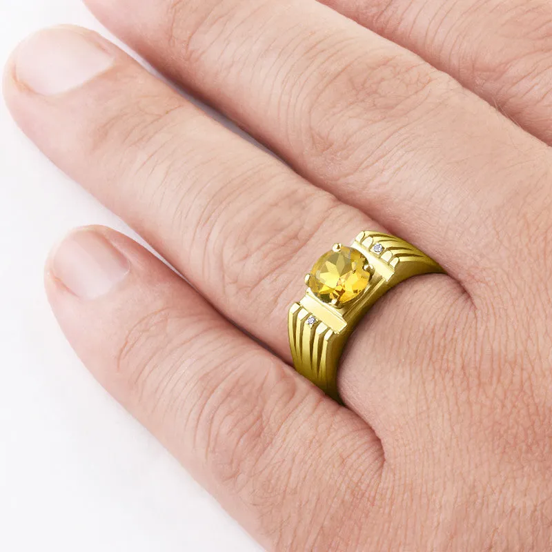 Citrine Ring for Men in 14k Yellow Gold with Natural Diamonds, Men's Gemstone Ring