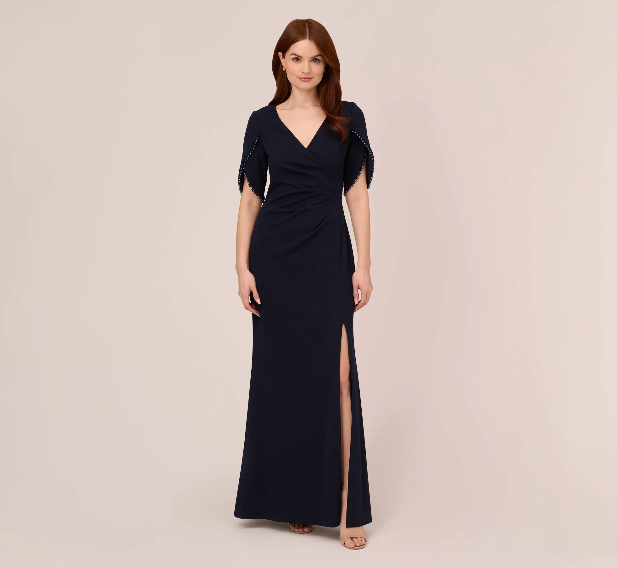 Crepe Mermaid Gown With Pearl Trim Short Sleeves In Midnight