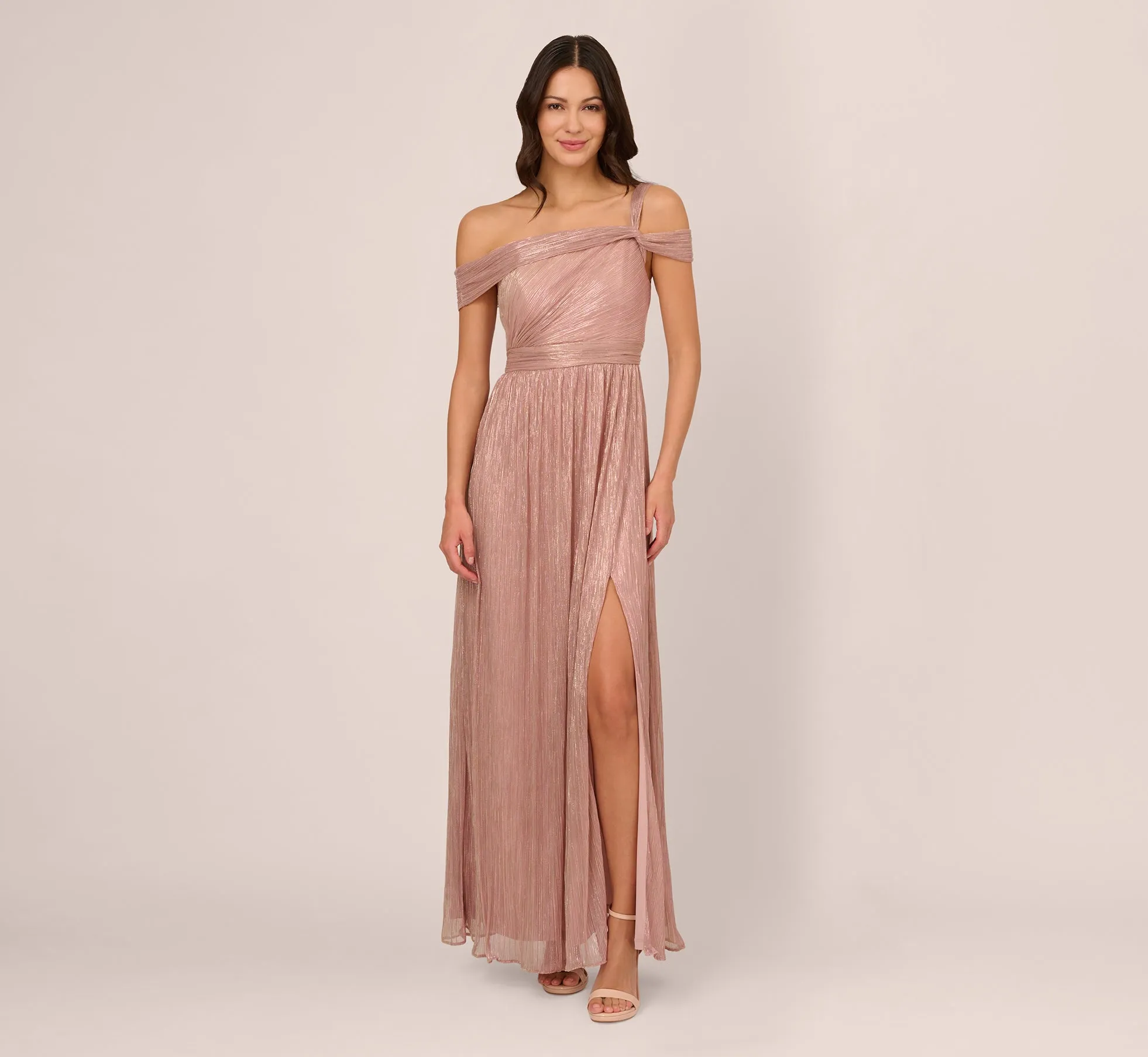 Crinkle Metallic Gown With Asymmetrical Neckline In Petal Gold