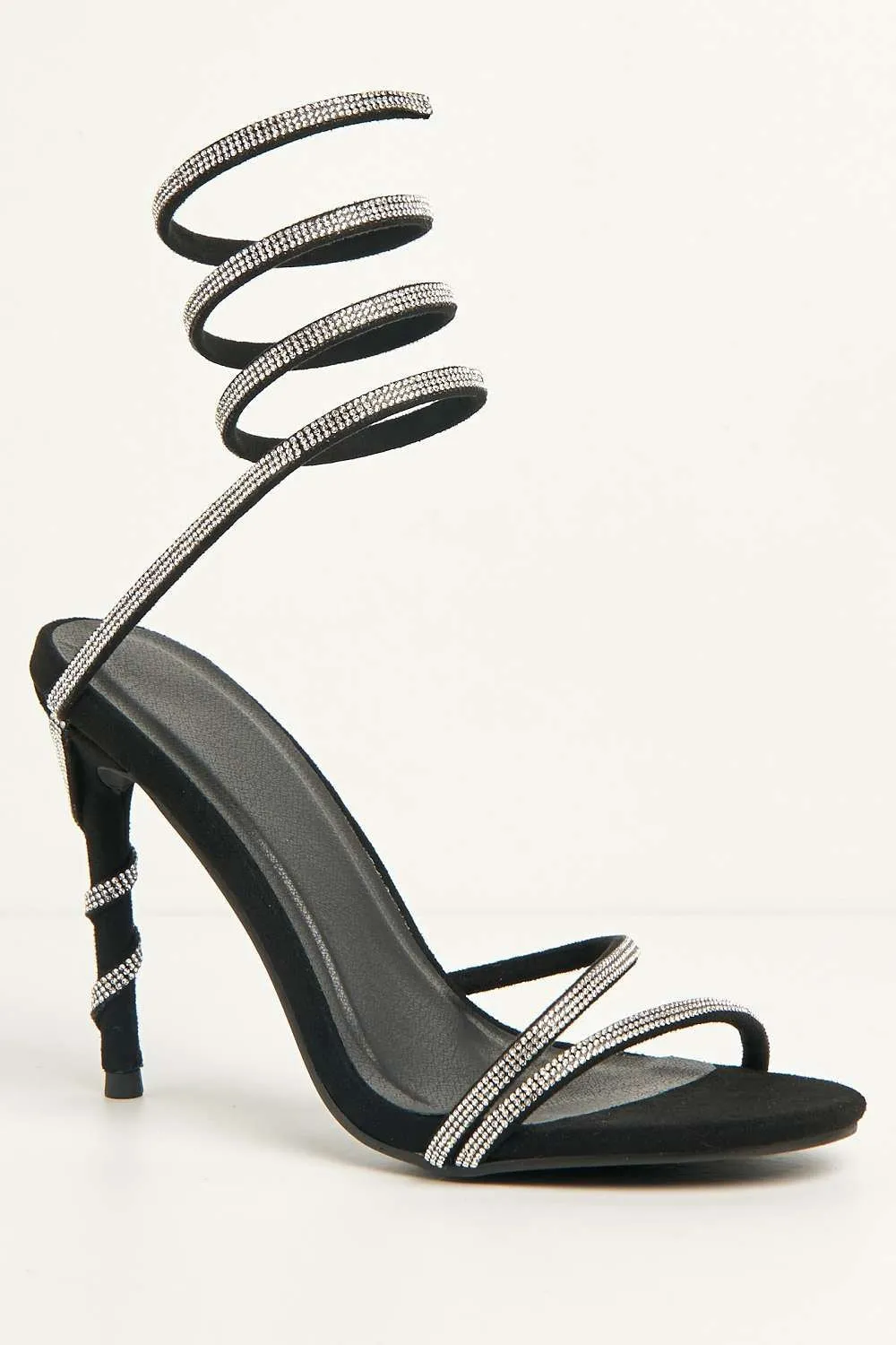 Curly Diamante Embellished Spiral Ankle Strap Sandals in Black Suede