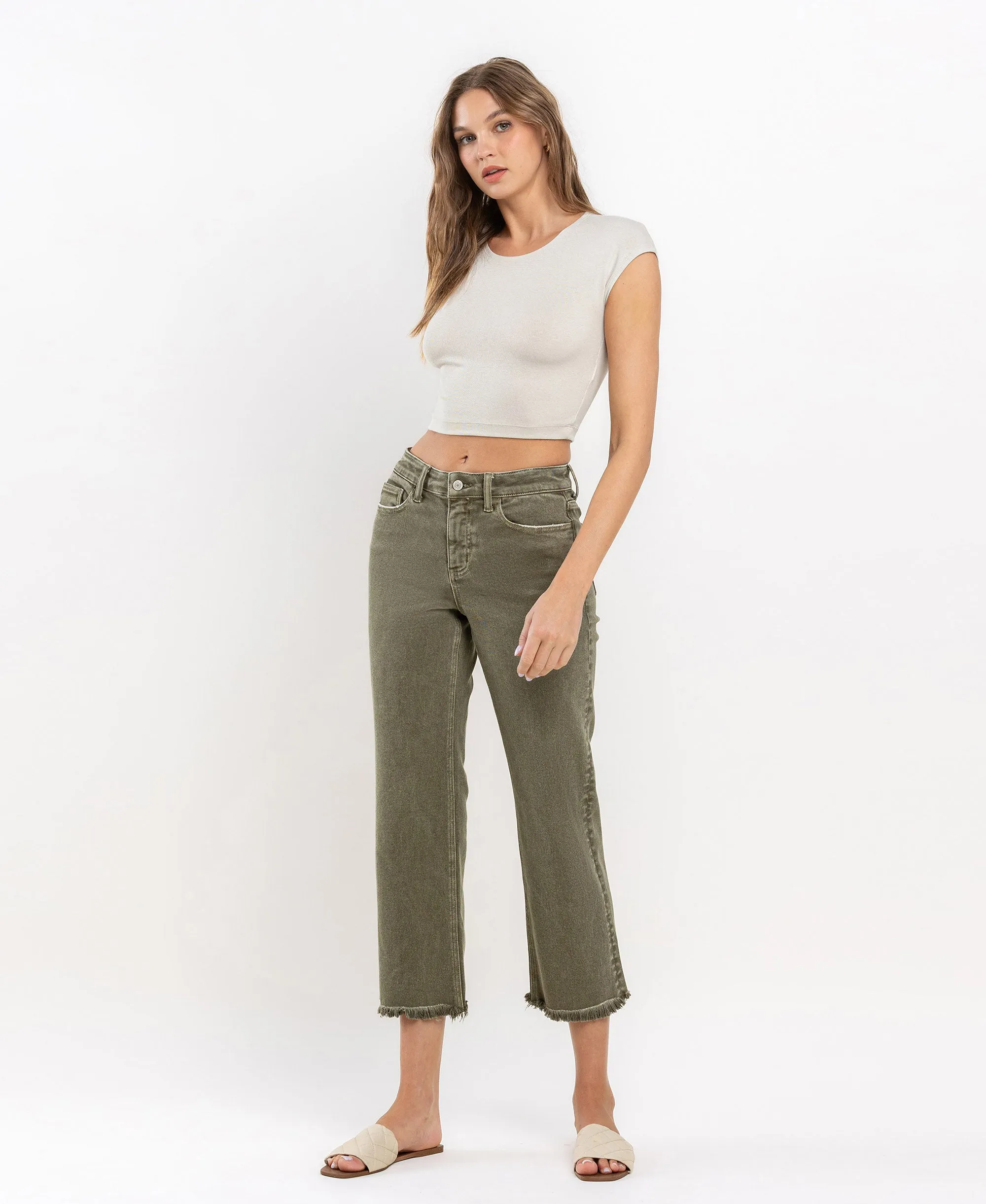 Deep Lichen Green - High Rise Raw Crop Straight Jeans