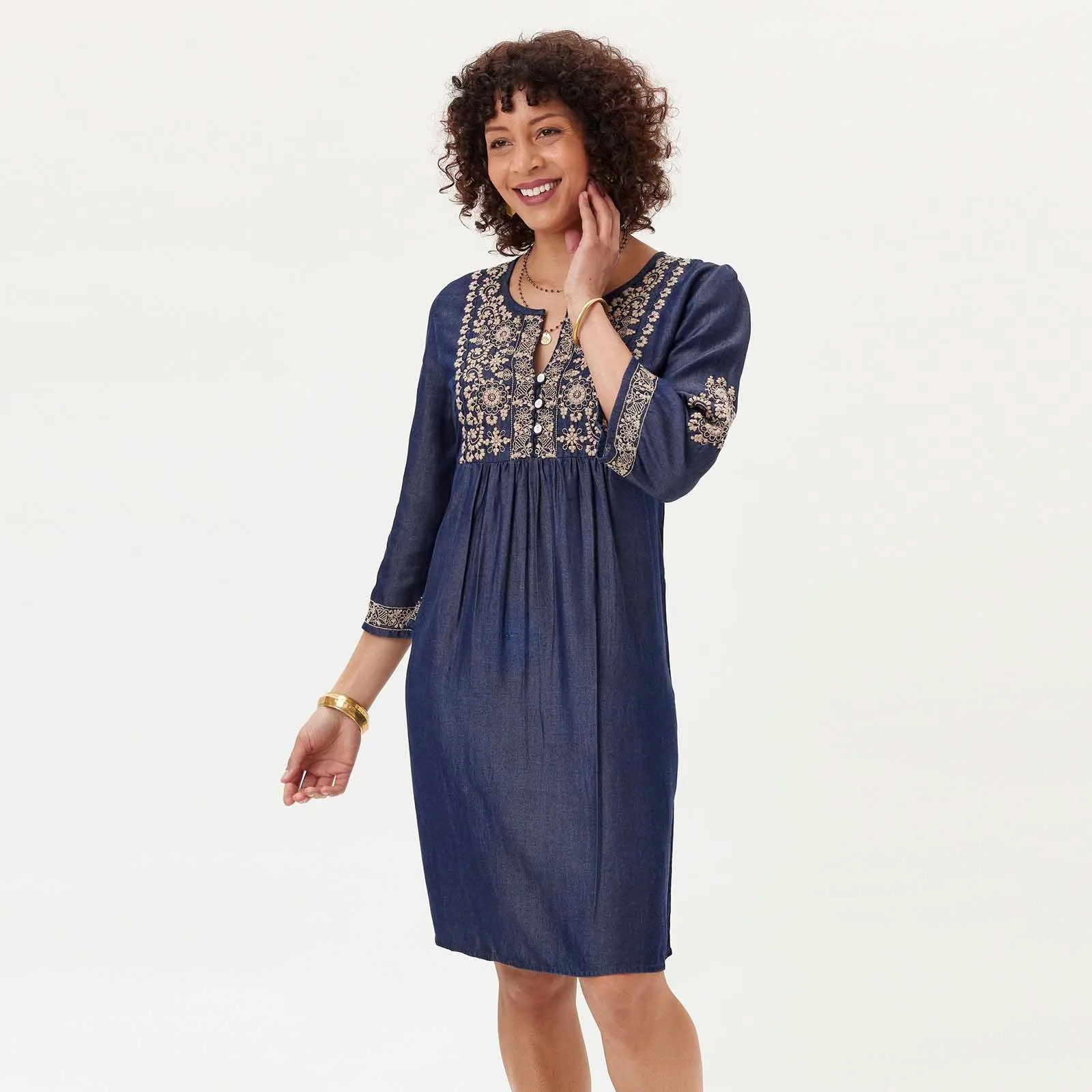 Denim Tencel Dress with Tan Embroidery