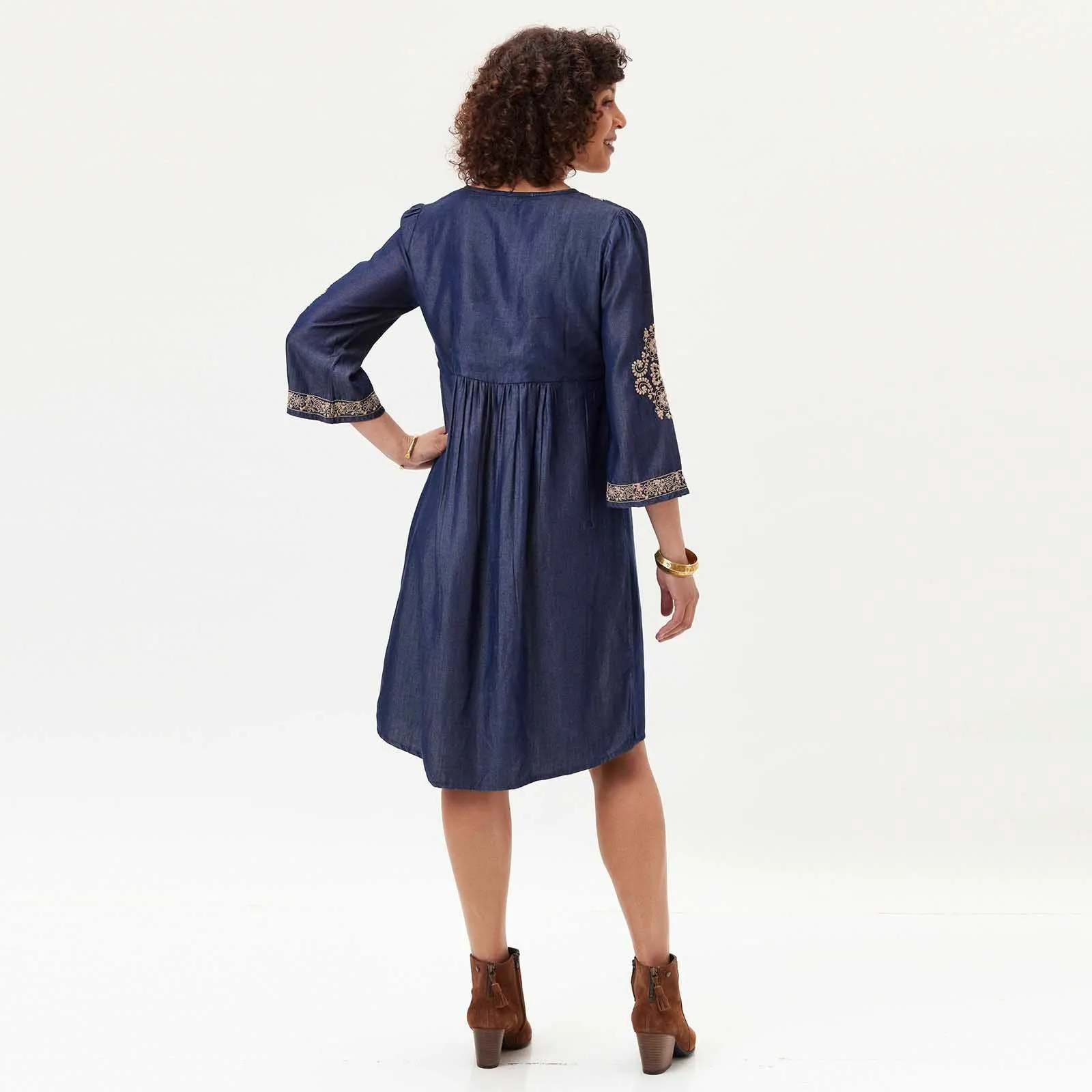 Denim Tencel Dress with Tan Embroidery