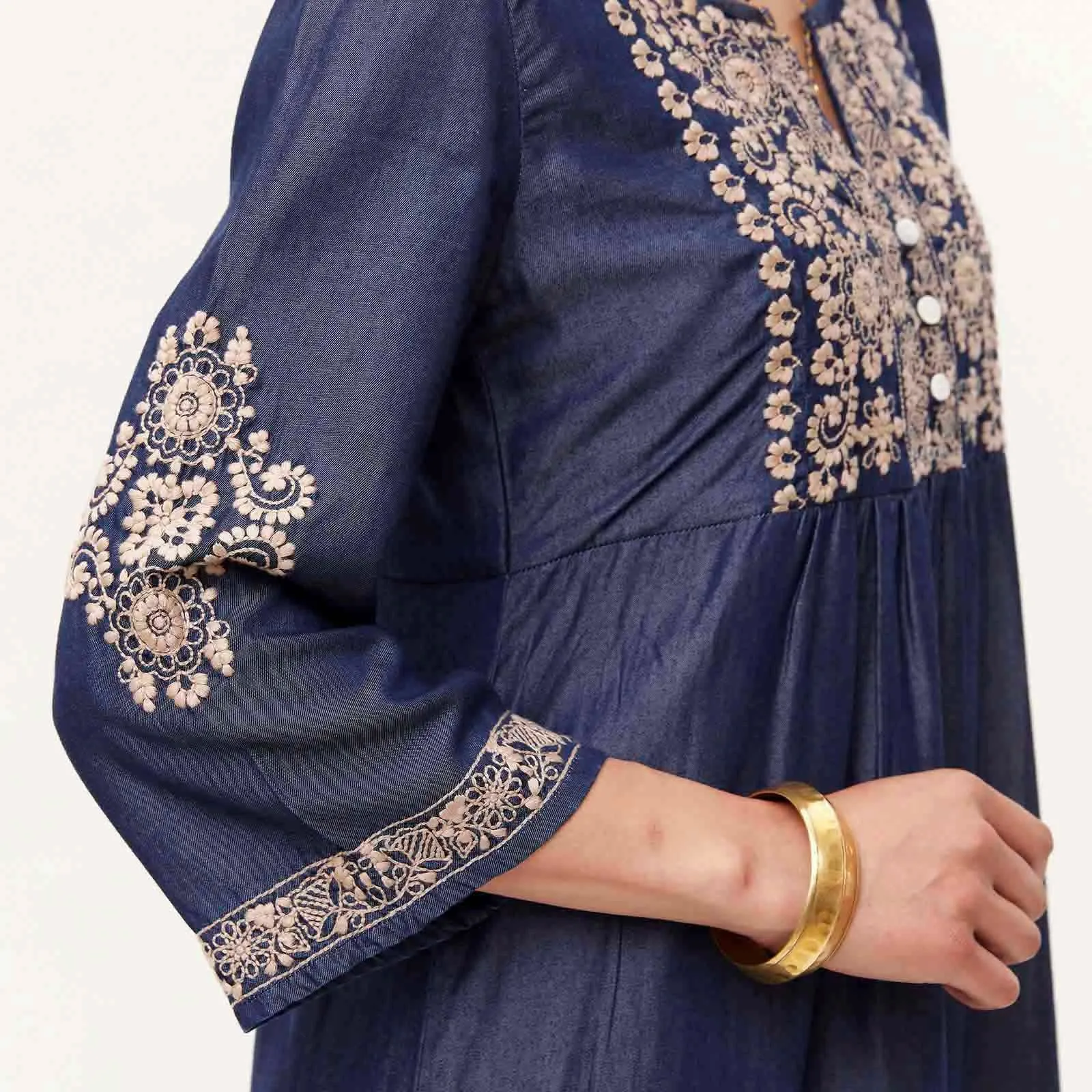 Denim Tencel Dress with Tan Embroidery