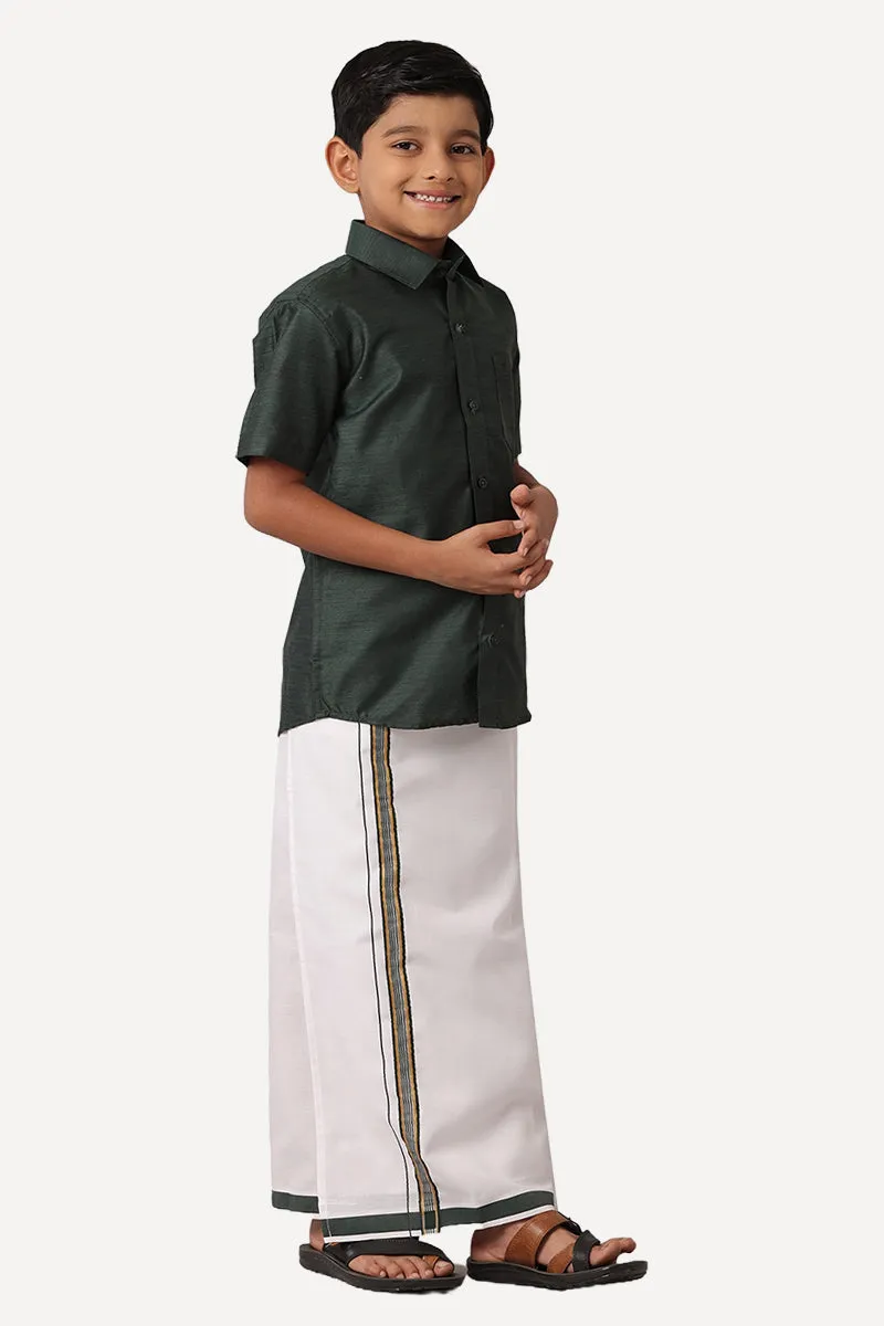 Divine - Dark Green Matching Fixit Dhoti and Shirt 2 in 1 Set For Kids | Uathayam