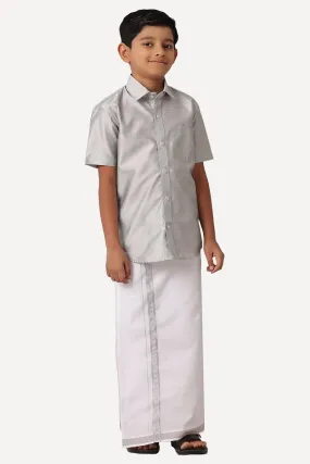 Divine - Gray Matching Fixit Dhoti and Shirt 2 in 1 Set For Kids | Uathayam