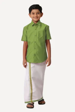 Divine - Leaf Green Matching Fixit Dhoti and Shirt 2 in 1 Set For Kids | Uathayam