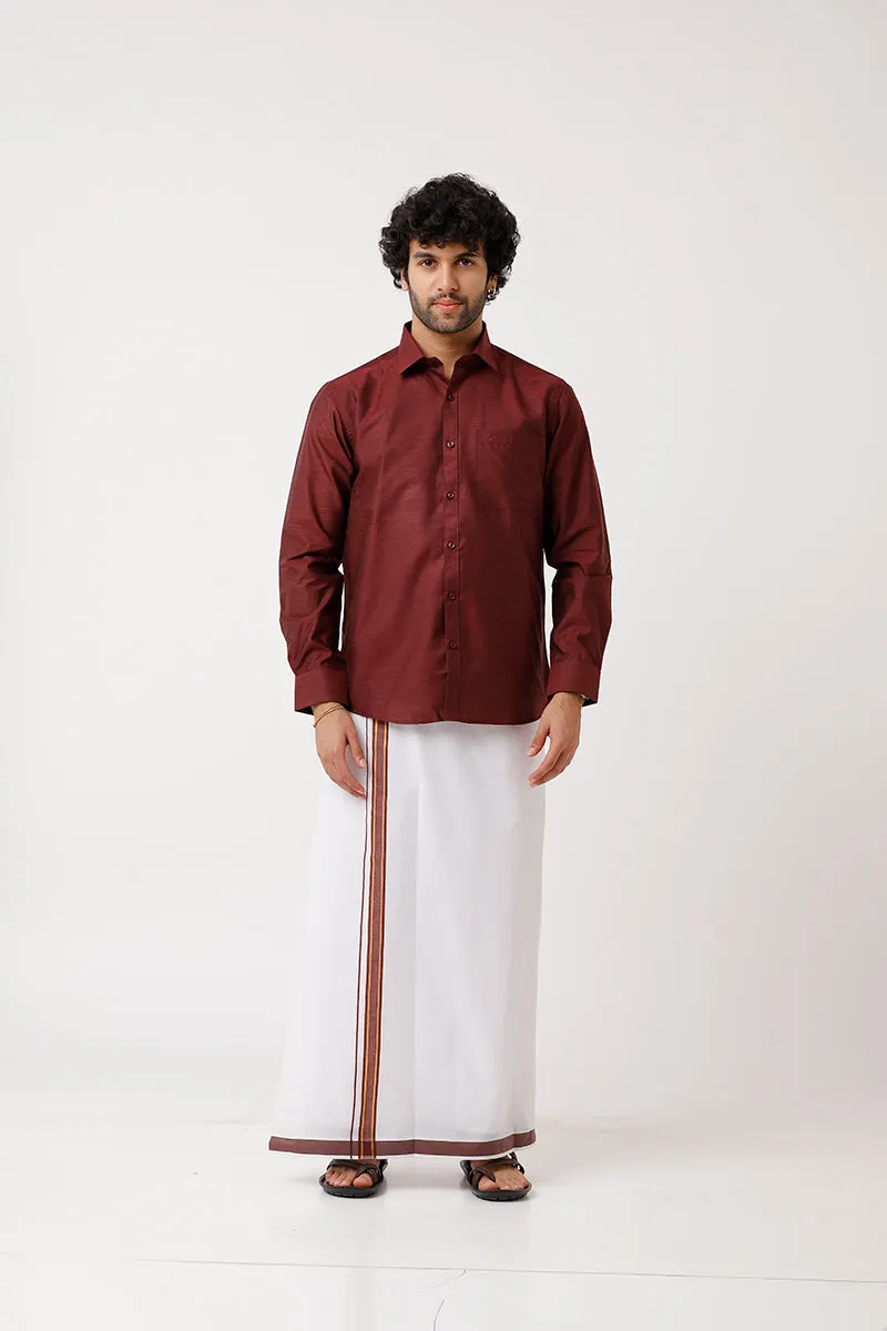 Divine - Maroon Cotton Blend Single Dhoti With Fancy Borders For Men | Uathayam