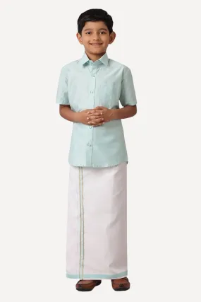 Divine - Peach Green Matching Fixit Dhoti and Shirt 2 in 1 Set For Kids | Uathayam