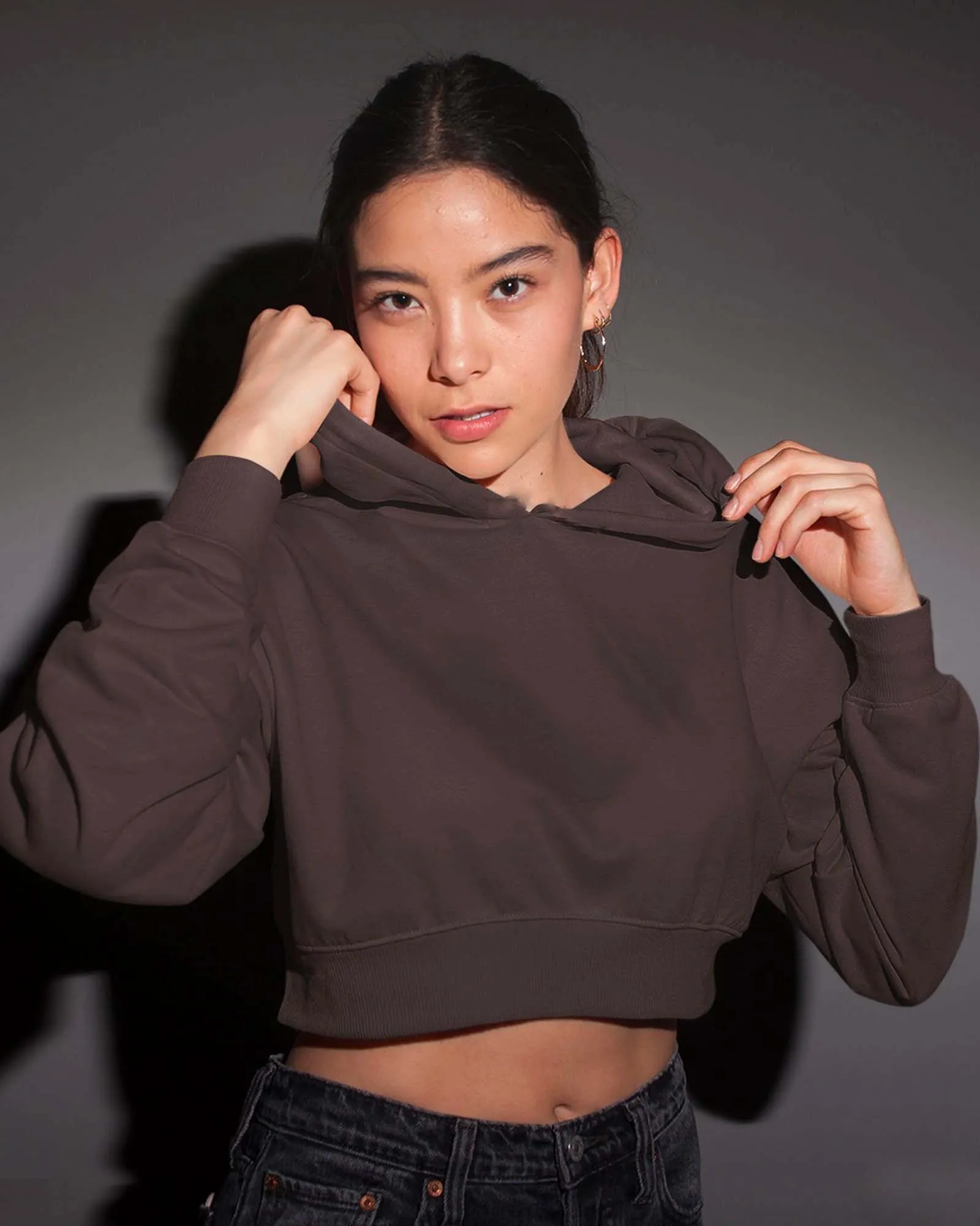 Drop Shoulder Crop Hoodie: Chocolate