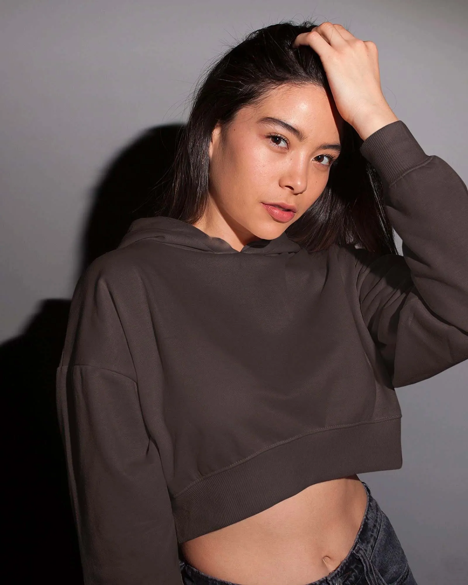 Drop Shoulder Crop Hoodie: Chocolate