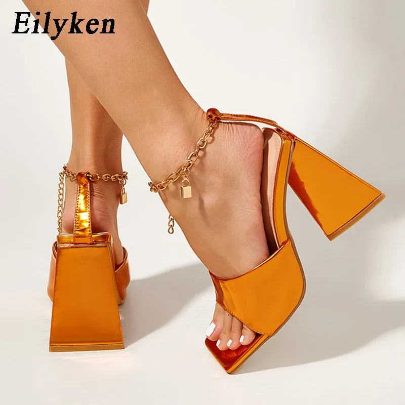 Eilyken Elegant Ladies Party Dress Shoes Fashion Metal Chain Ankle Buckle Open Toe Triangle Square Heels Women Sandals