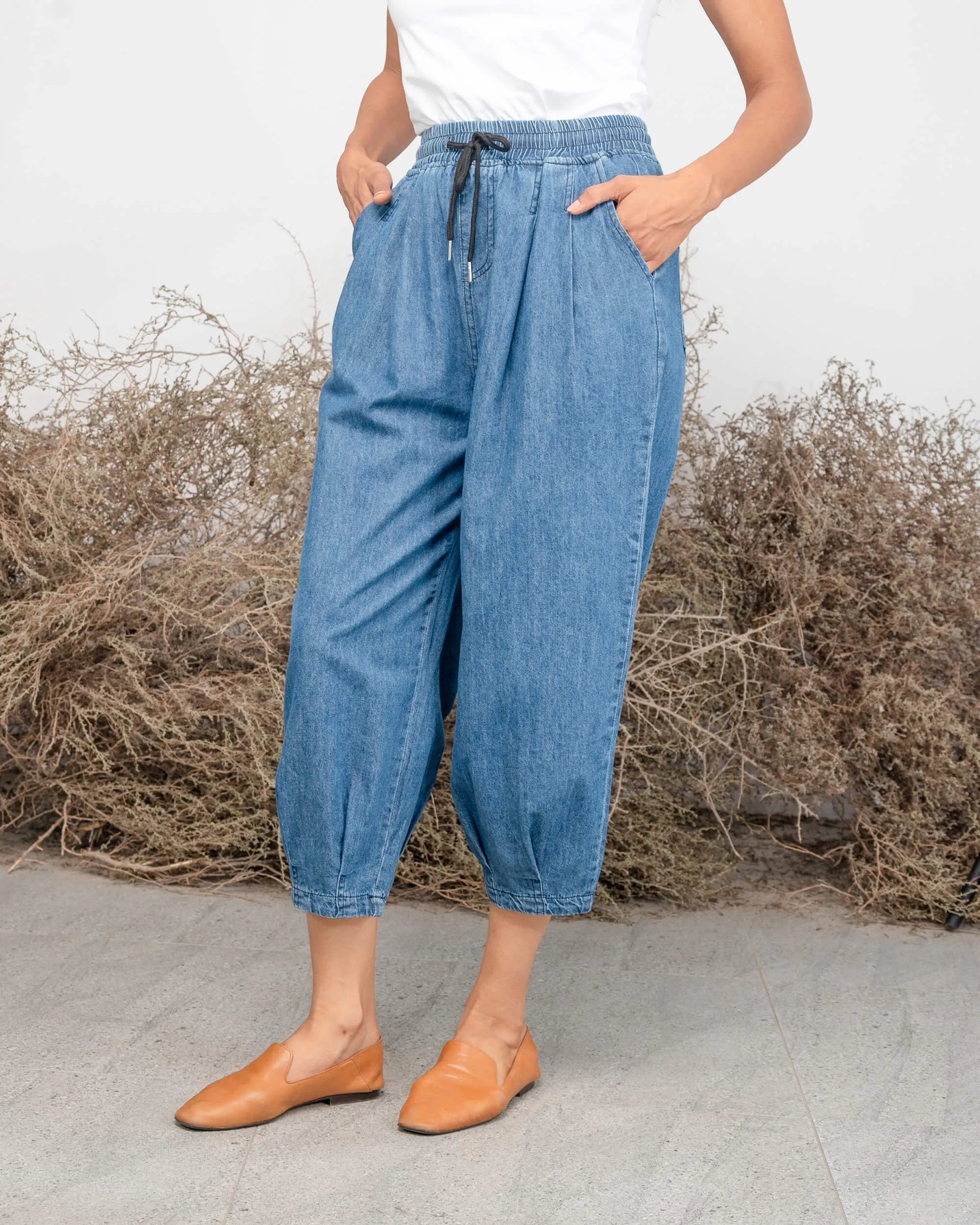 ELASTIC WAIST W/TIE CROSS POCKET SOLID JEANS 2405 - بنطلون