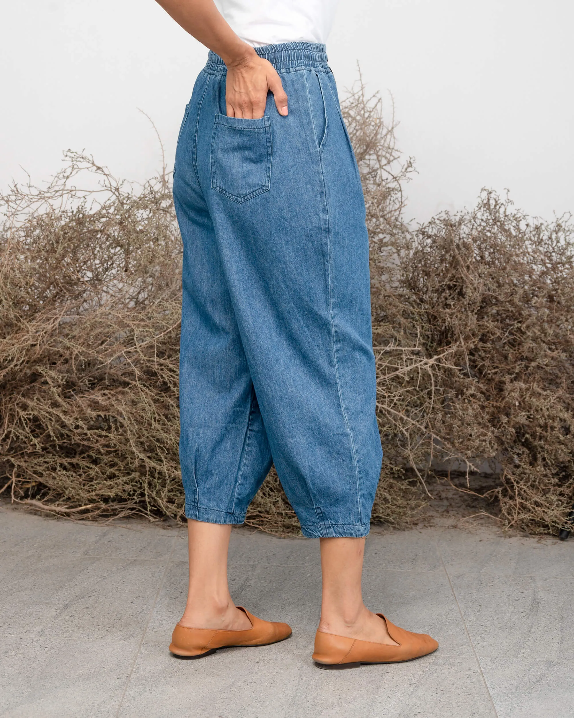 ELASTIC WAIST W/TIE CROSS POCKET SOLID JEANS 2405 - بنطلون