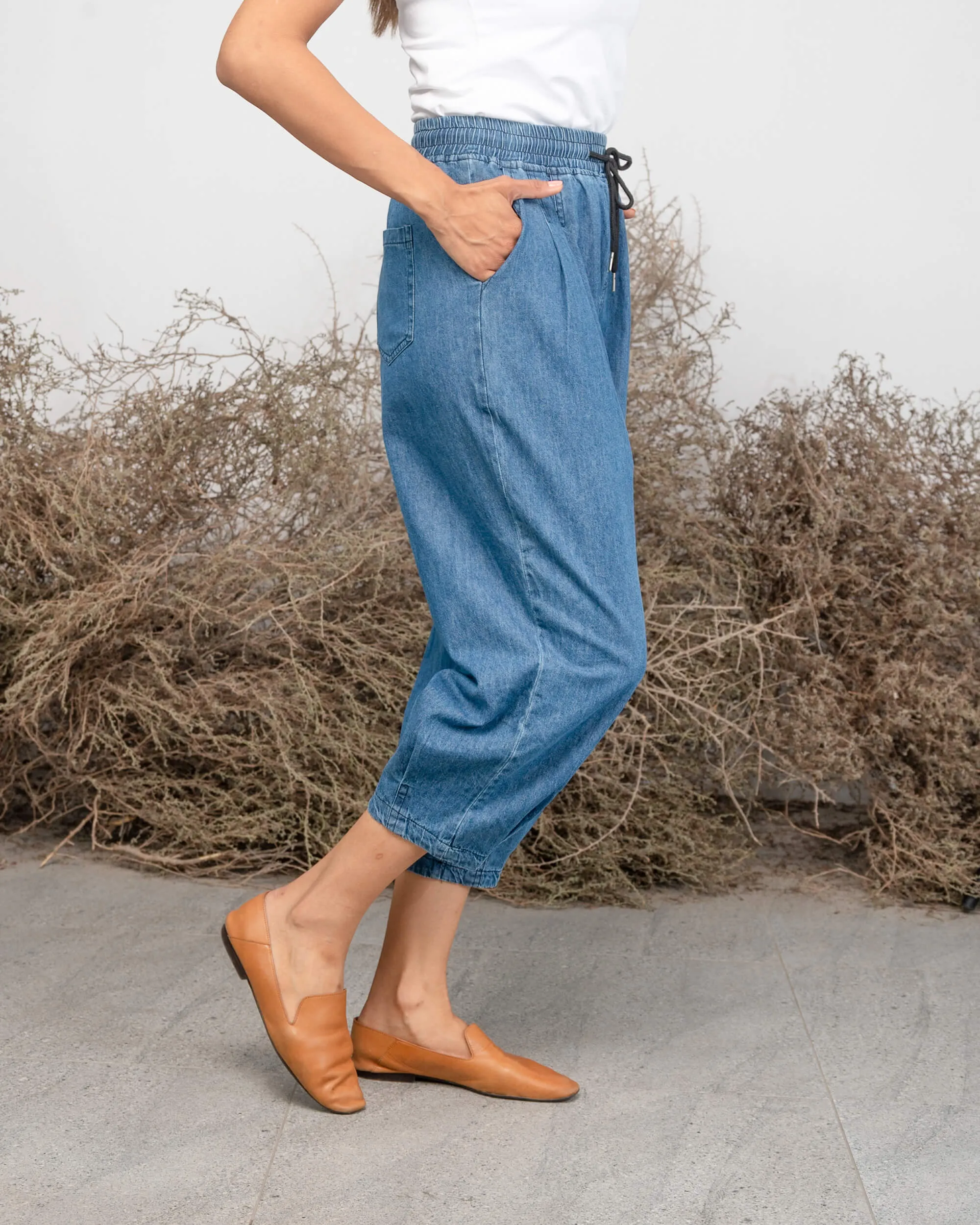 ELASTIC WAIST W/TIE CROSS POCKET SOLID JEANS 2405 - بنطلون